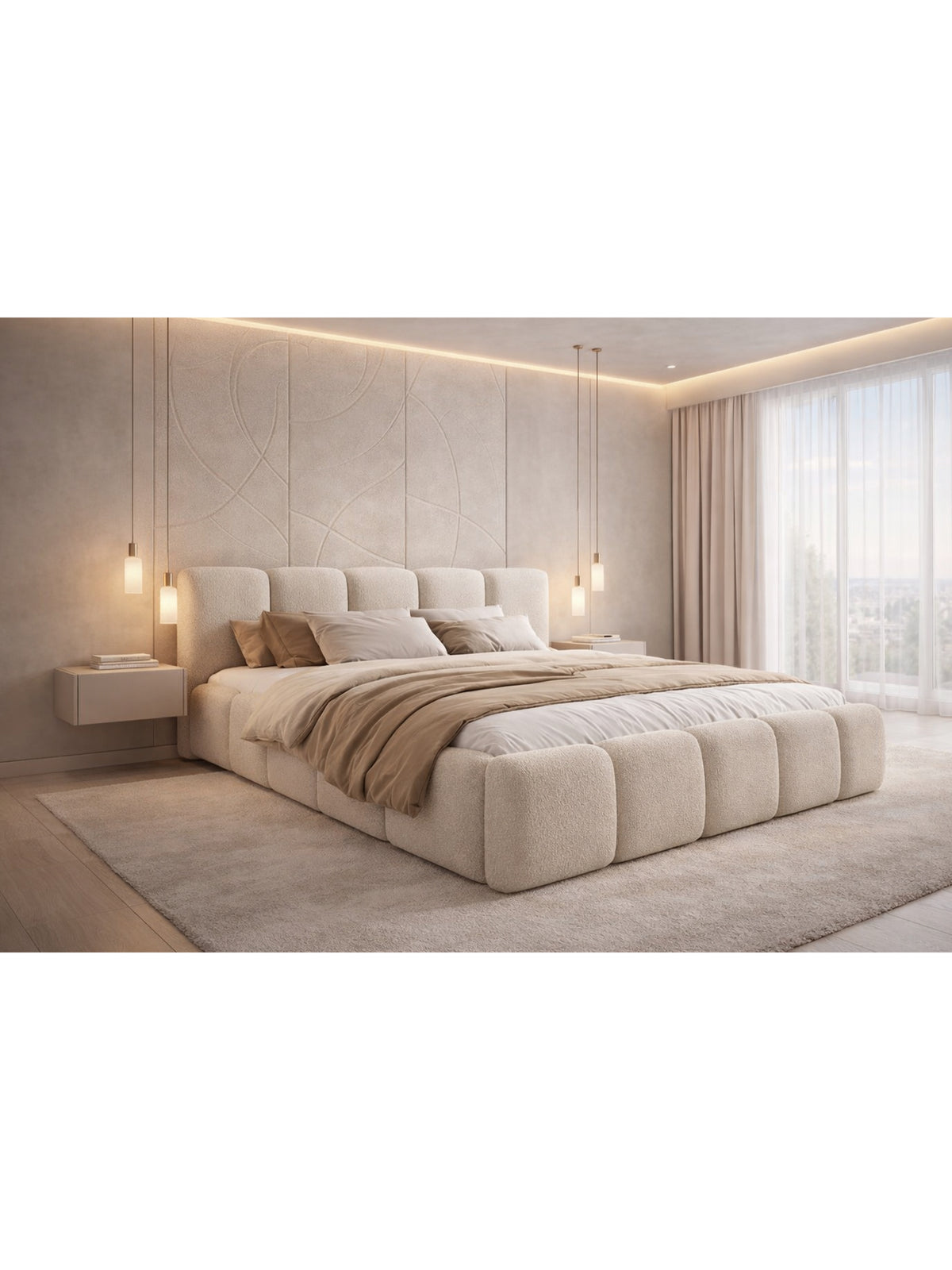 Tesia 180x200 kényelmes, világos színű kárpitozott ágy modern stílusban