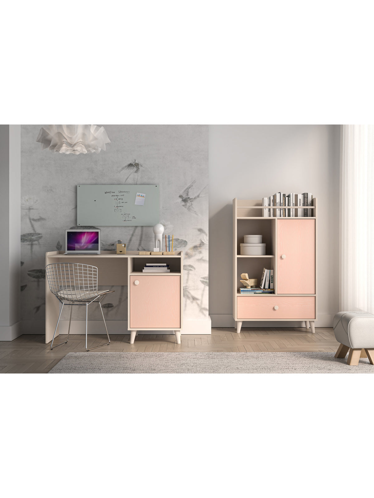 Marla 120 cm gyerek íróasztal sivatagi homok színben, millenial pink rózsaszín előlap, oldalnézet