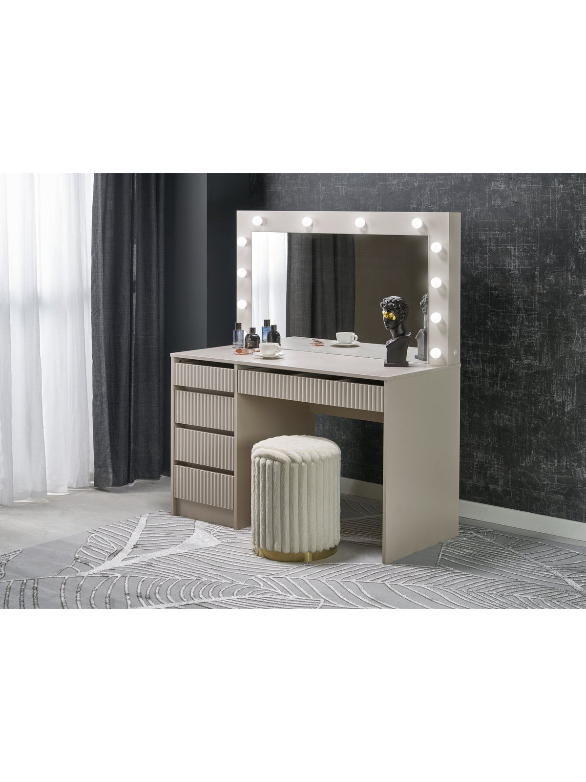 Toaletka Velinio kaszmir 120 cm ryflowana z lustrem LED i 5 szufladami