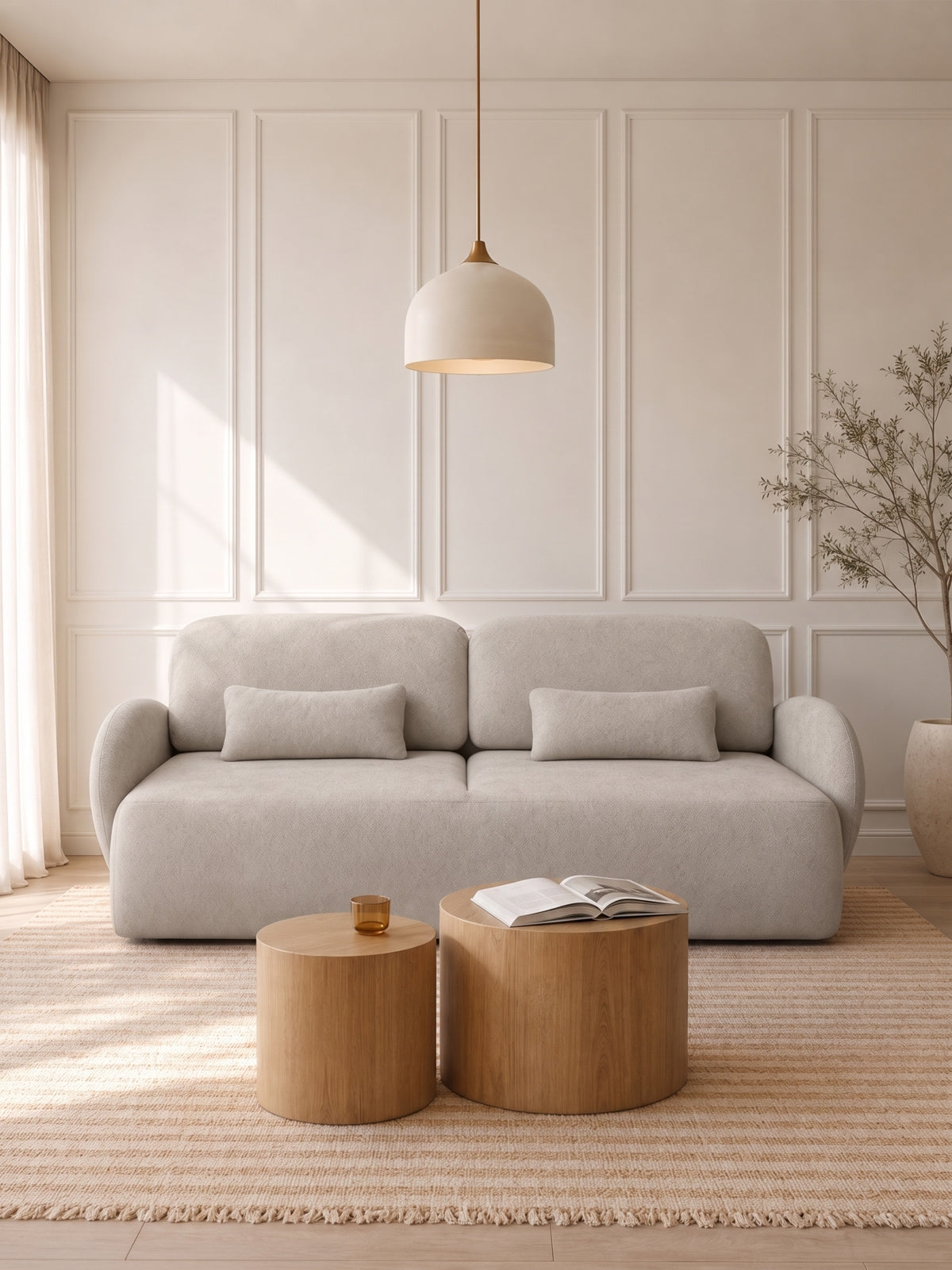 Elora 3 személyes kanapé ággyá alakítható, bézs Freya 210.03 szövet, modern design elölnézet