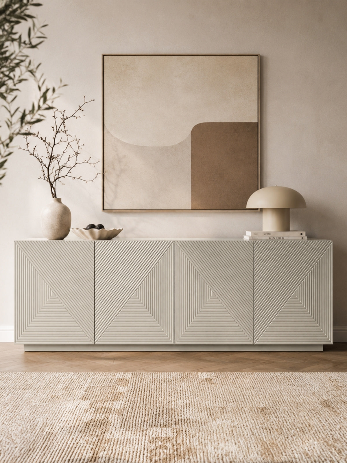 Komoda Asha 200 cm kasmírszínű, négyajtós, lábazaton álló modern stílusú bútor