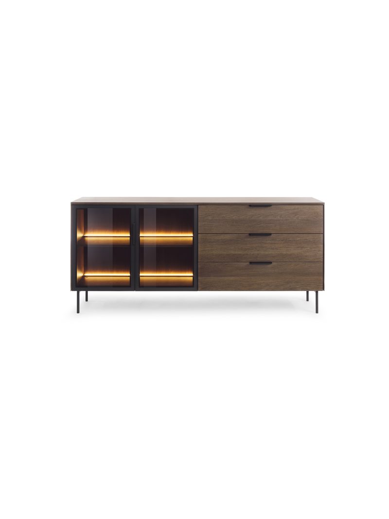 Auri 181 cm komód LED világítással, fiókokkal, dunin tölgy és fekete lábak