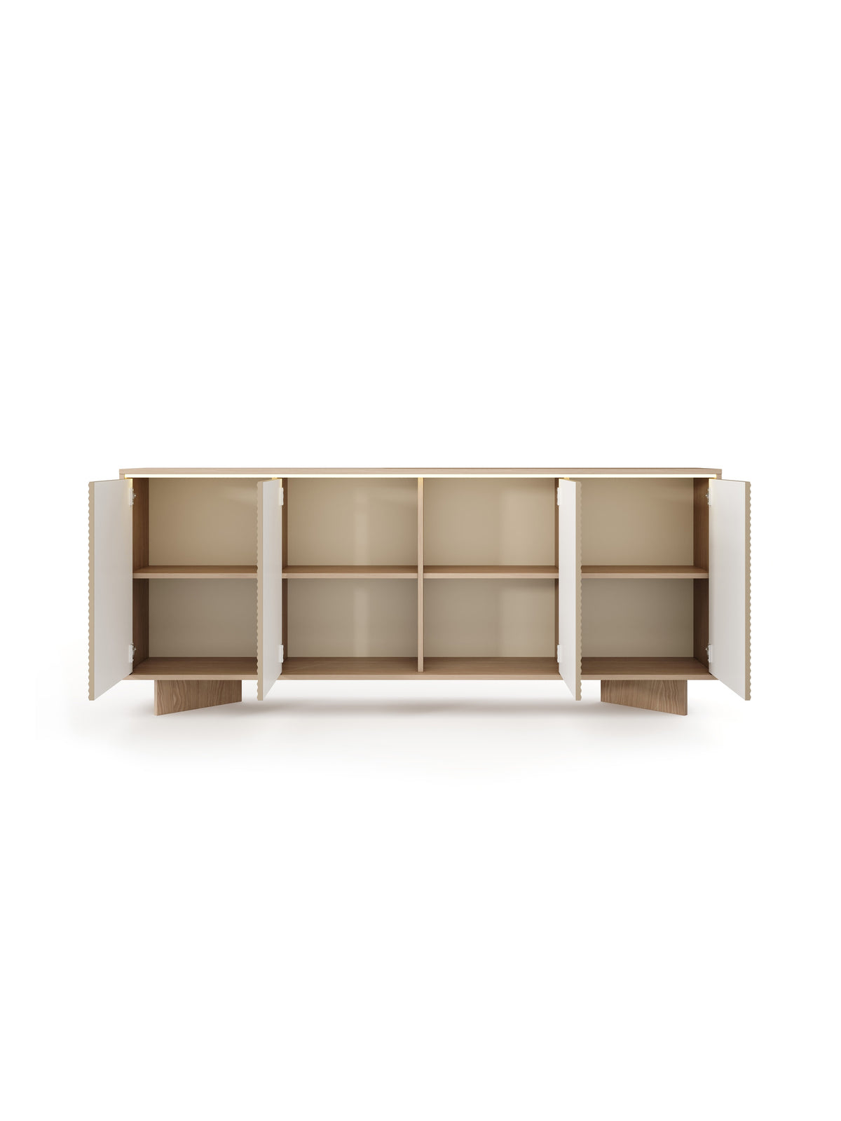 Erini négyszárnyú beige komód 204 cm, cappuccino barázdált fronttal, nyitott belső tér