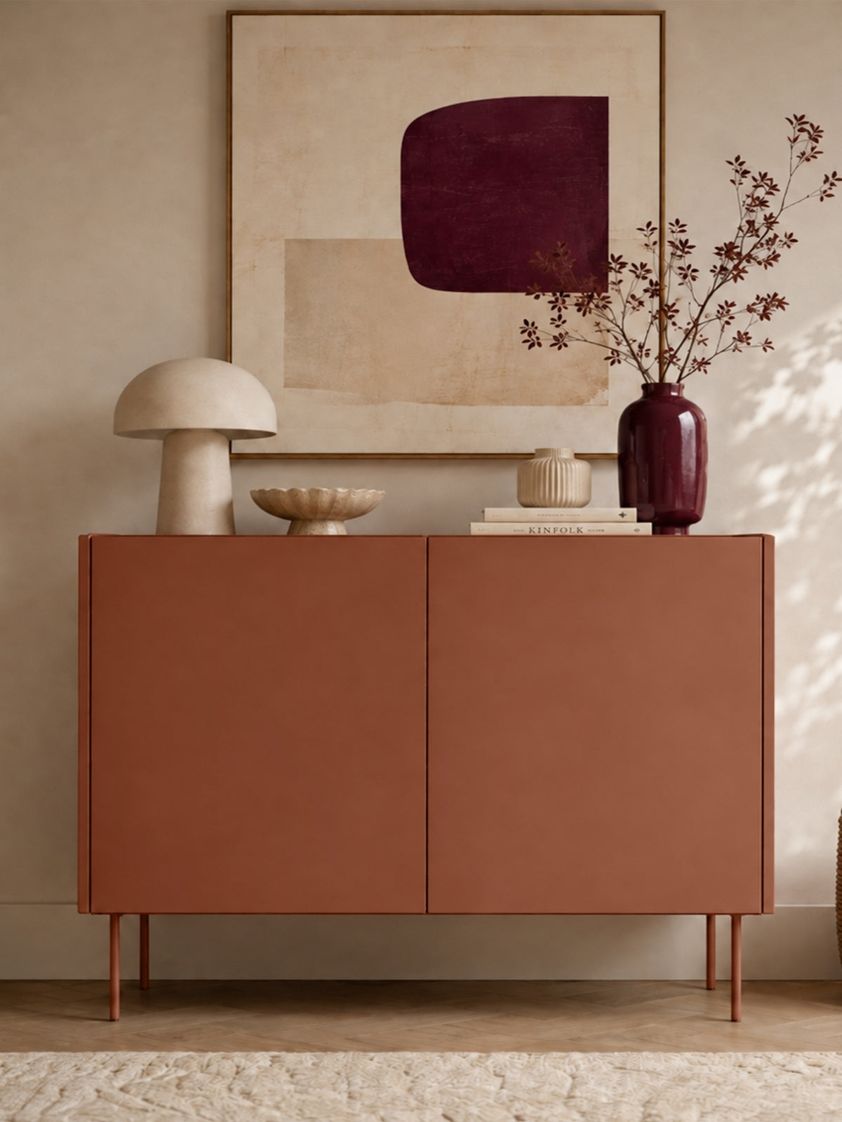 Komoda Desin 120 cm dwudrzwiowa w kolorze ceramic red z blatem dąb nagano
