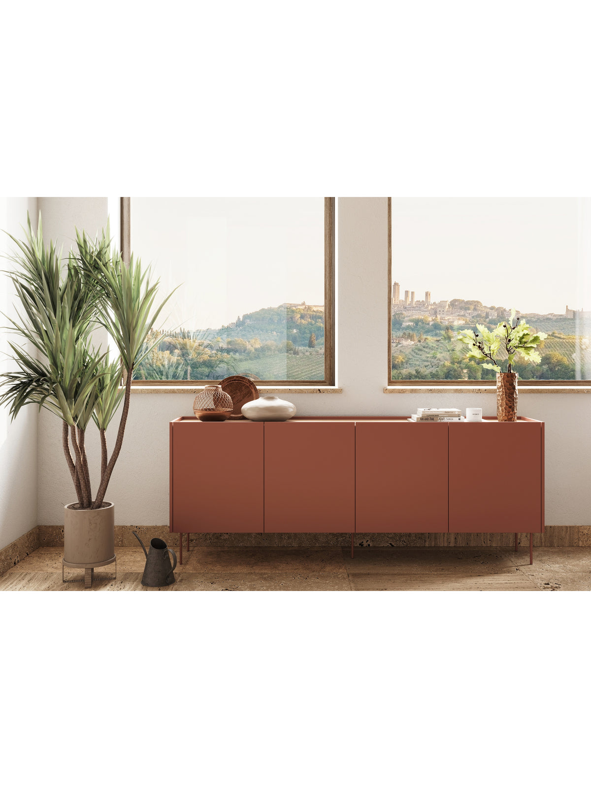 Desin 220 cm komód ceramic red matt színben, tölgyfa lap és négy ajtó, modern stílus