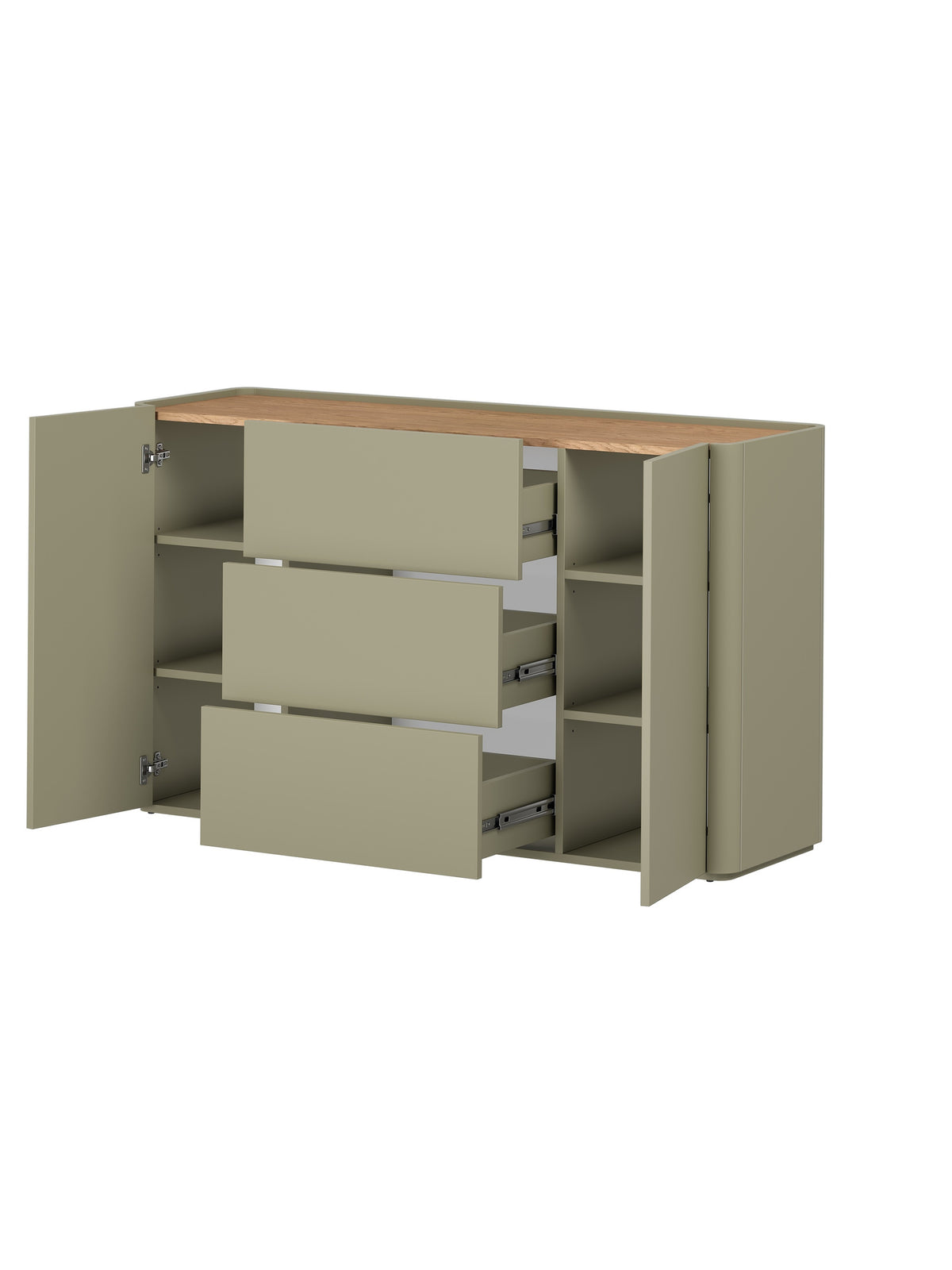 Elivo 150 cm-es komód fiókokkal és ajtókkal, olívazöld szín, teteje baltic dune tölgy