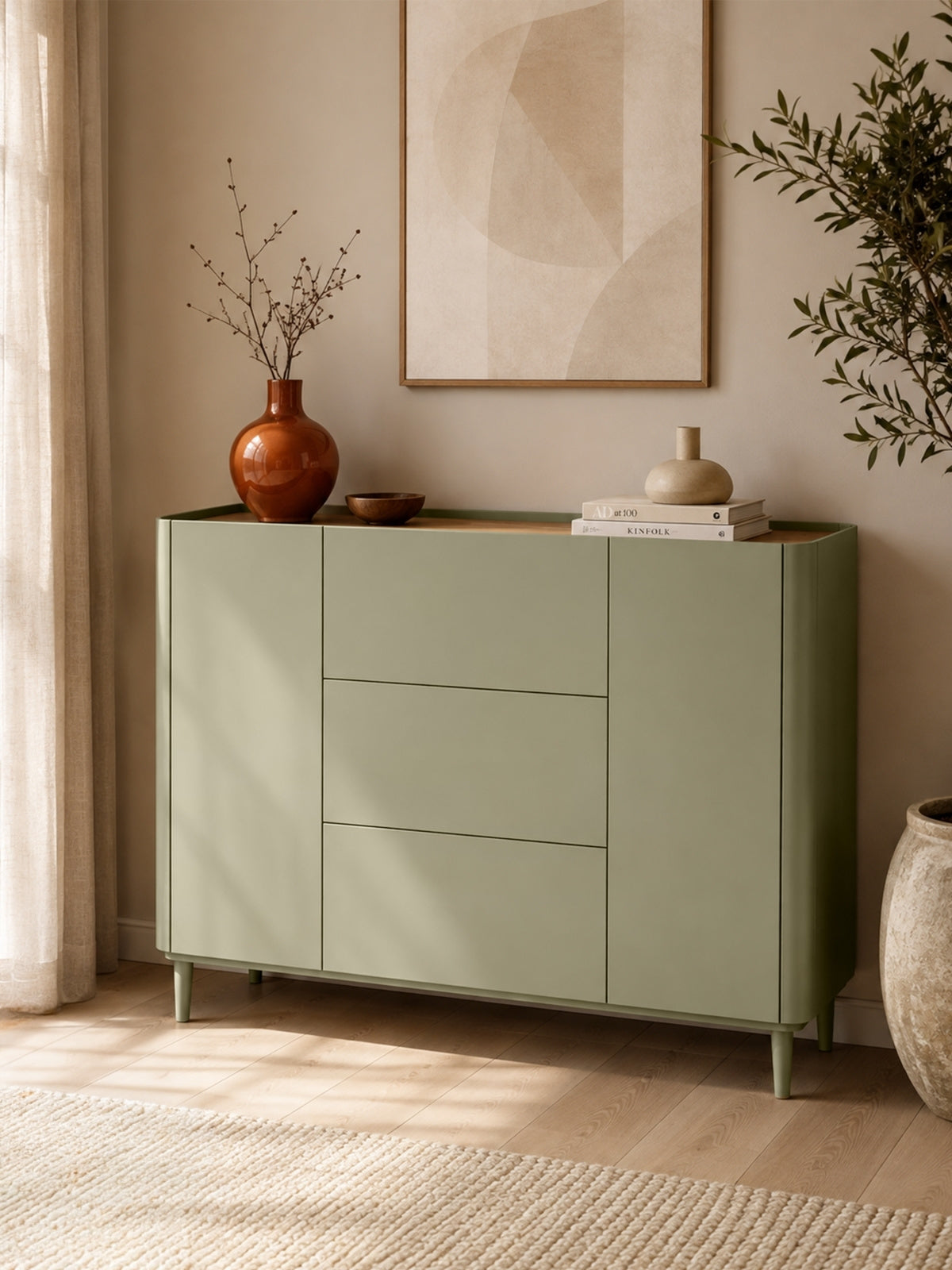 Elivo 150 cm komód fiókokkal, eukaliptusz színű lábakon, baltic dune tölgy lap