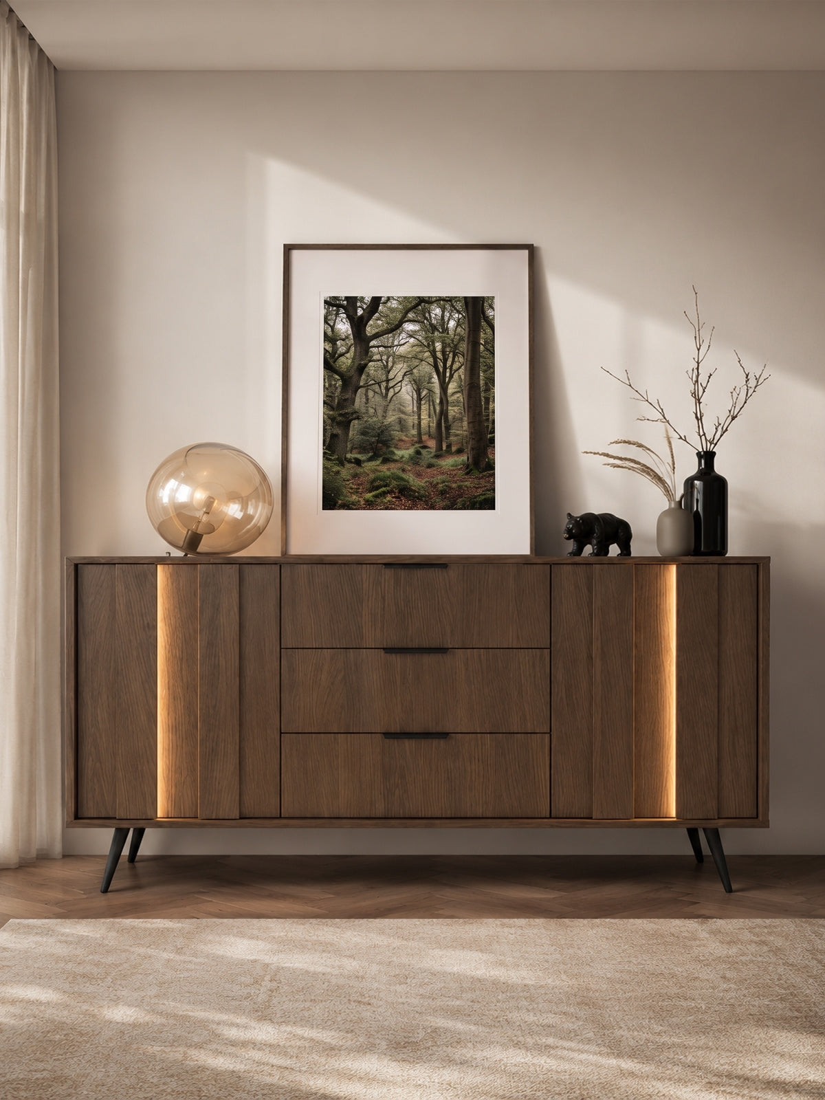 Komoda Flaro 153 cm z szufladami i ciepłym oświetleniem LED, kolor dąb dunin
