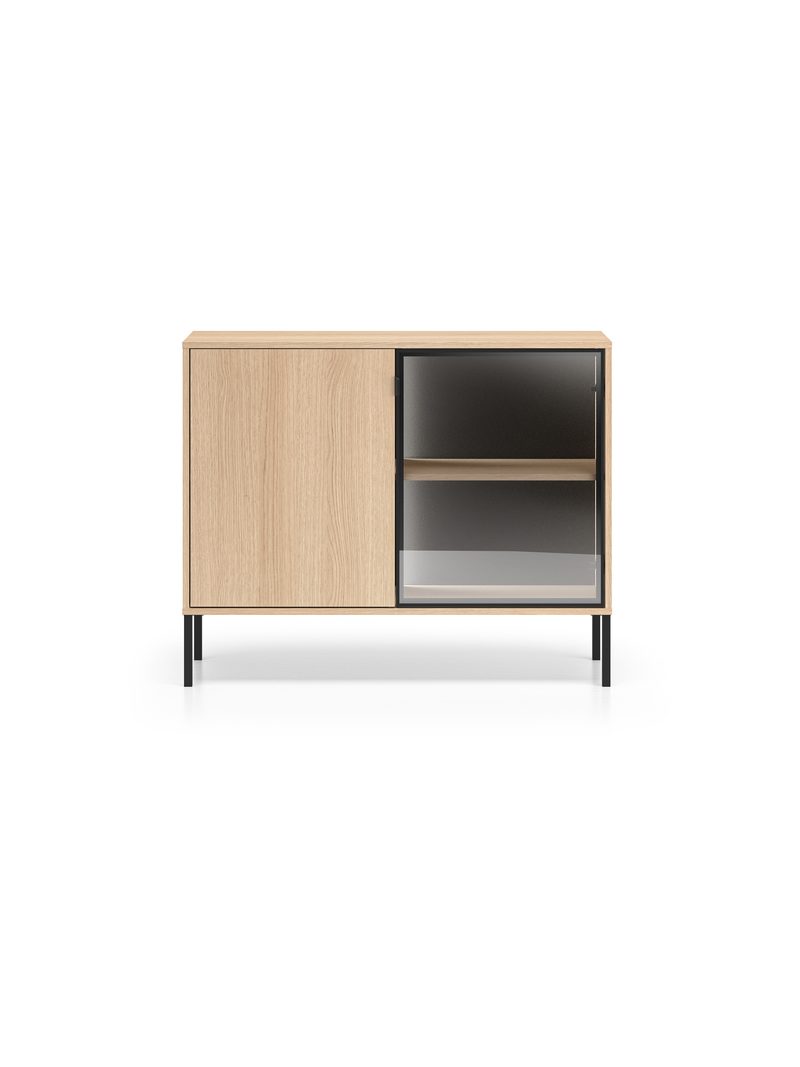 Harmona komód 107 cm kétajtós LED világítással, lindberg tölgy, fekete lábak
