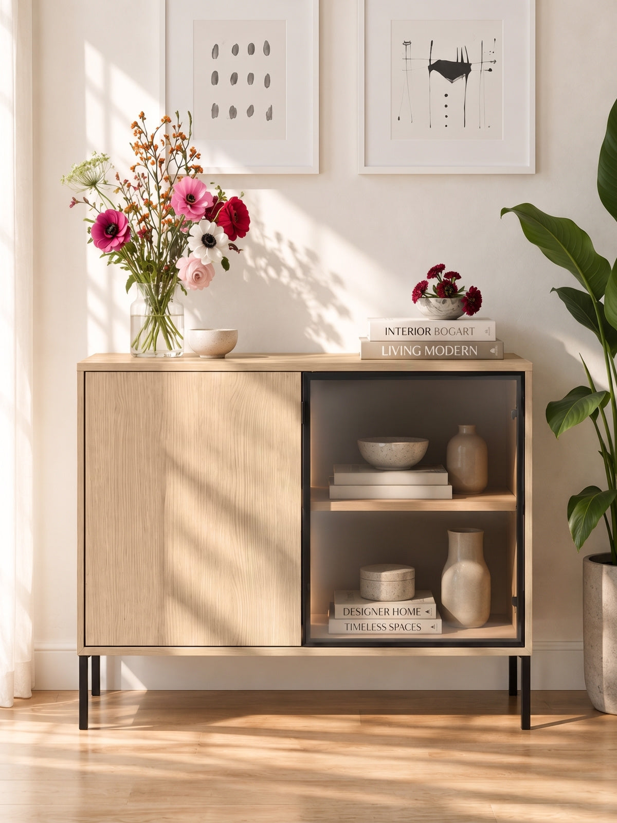 Komoda Harmona 107 cm kétszárnyú LED világítással, lindberg tölgy, fekete lábak