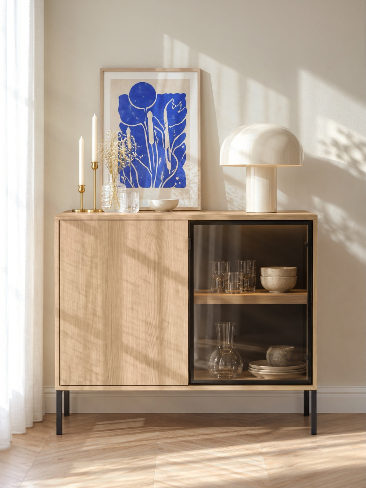 Harmona komód 107 cm kétszárnyú LED világítással, lindberg tölgy, fekete lábak