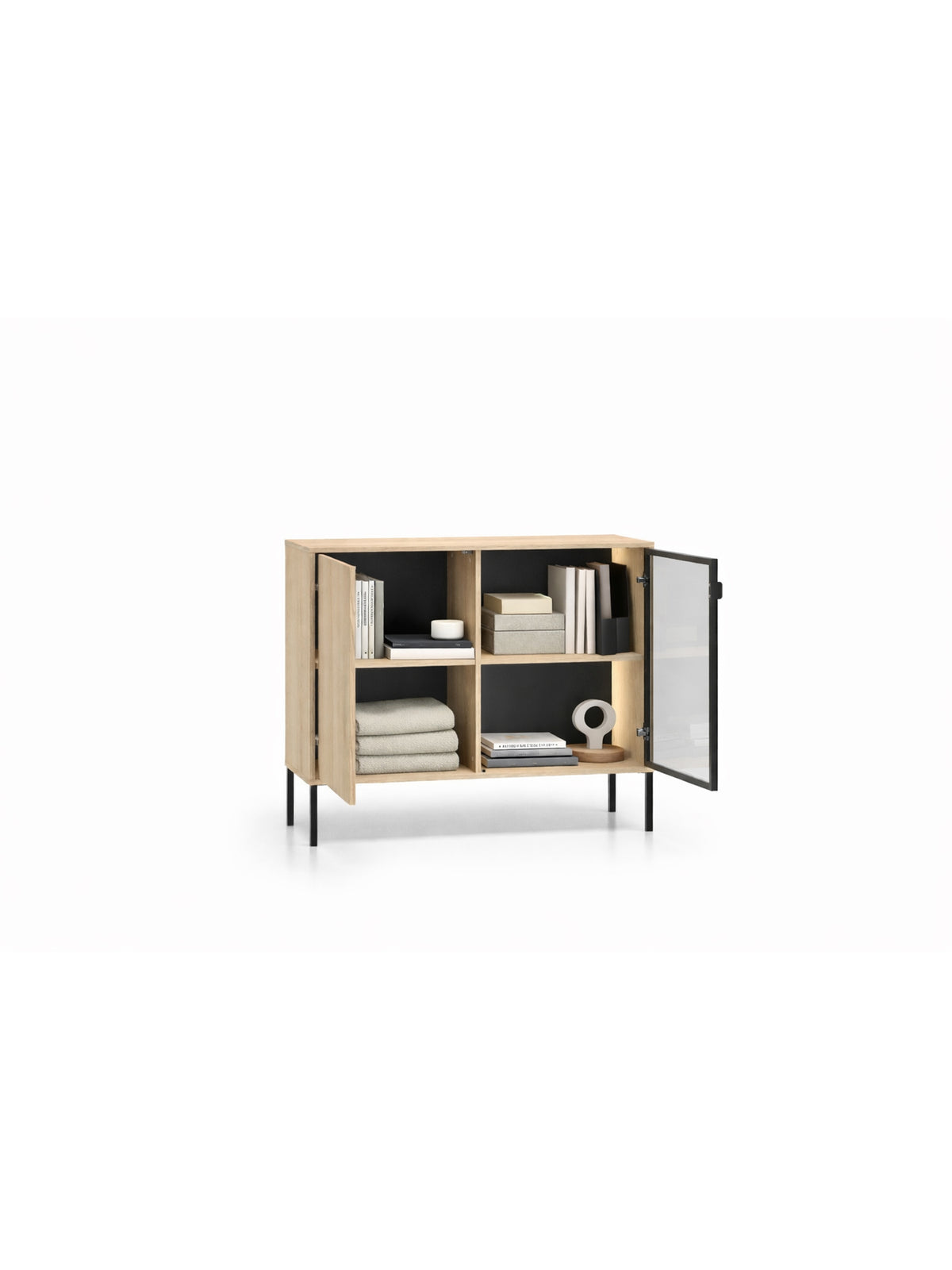 Harmona komód 107 cm, két ajtós, LED világítással, lindberg tölgy, fekete lábak