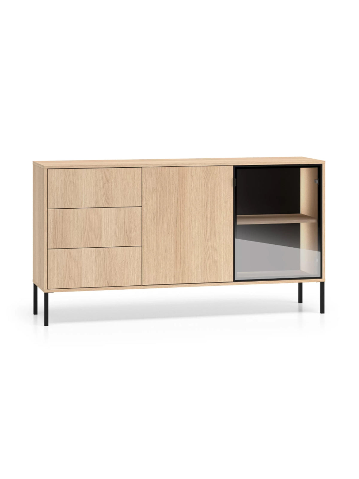 Harmona komód 160 cm fiókokkal, ajtókkal és LED világítással, dub lindberg szín, fekete lábak