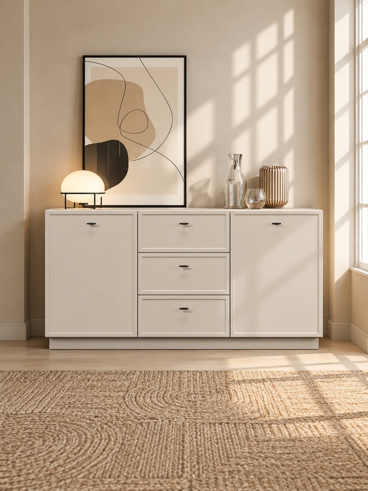 Komoda Lorini 150 cm z szufladami - kaszmir / czarne uchwyty T-bar