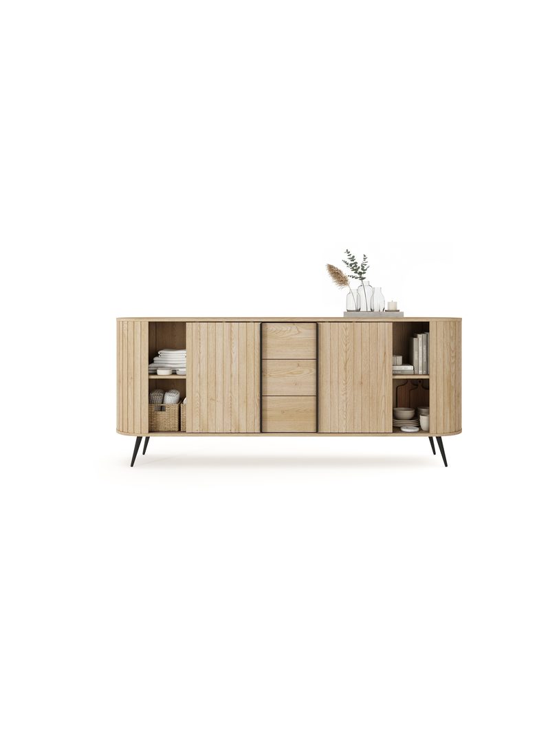 Luvio 196 cm komód fiókokkal, cremona tölgy, fekete lábak, bordázott front