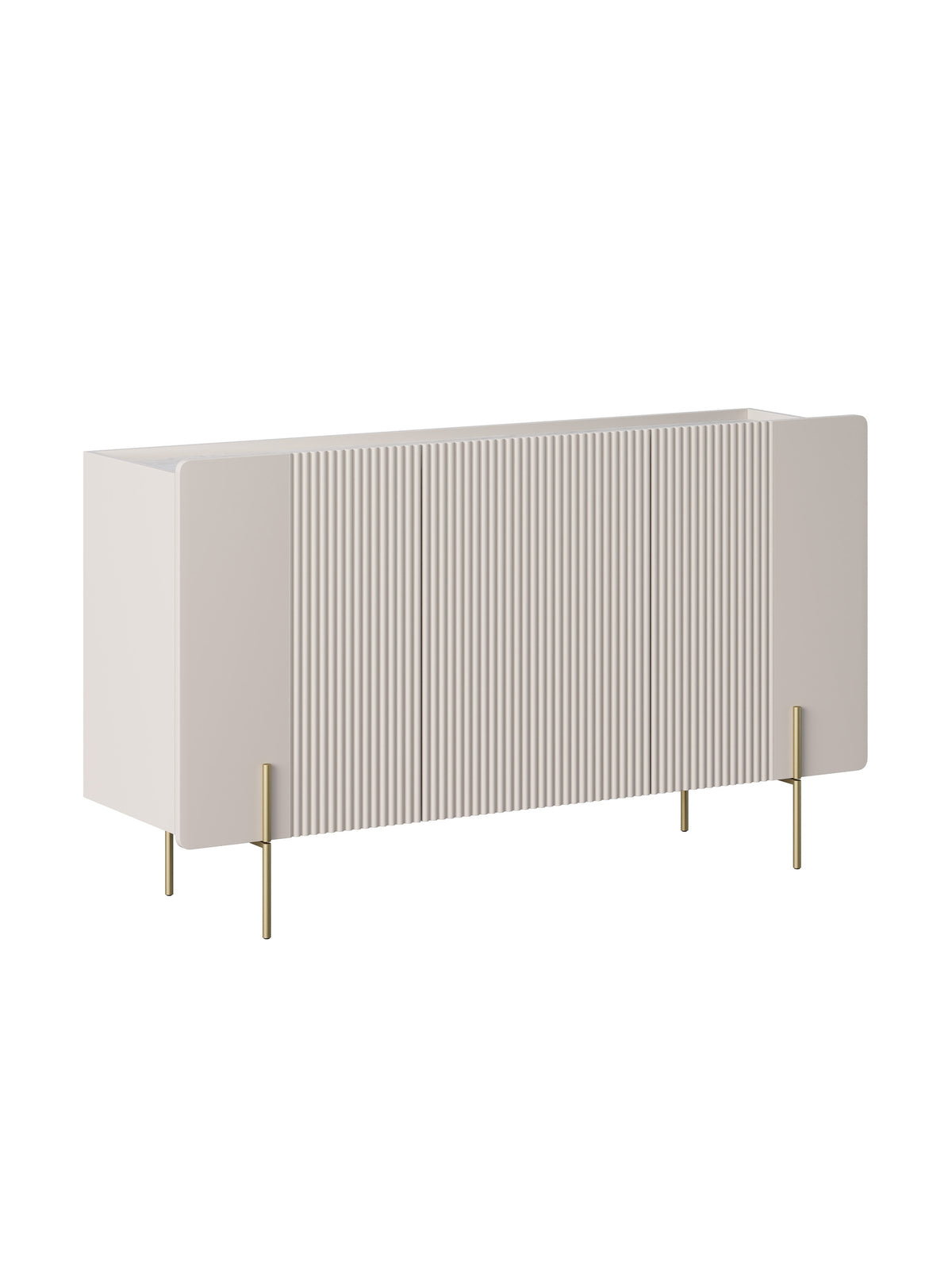 Malmi 150 cm háromajtós komód kasmírszínű, bordázott fronttal, crema bianca lap és arany lábak