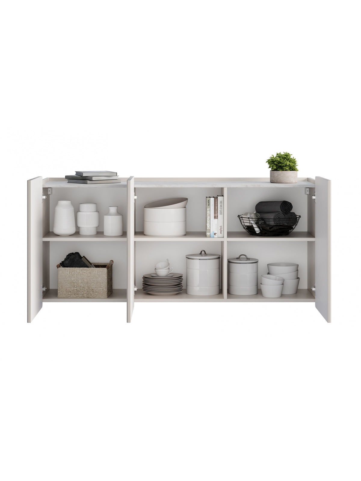 Malmi 150 cm háromajtós falra szerelhető komód kasmír színben, krém-fehér lap, bordázott front, belső rész