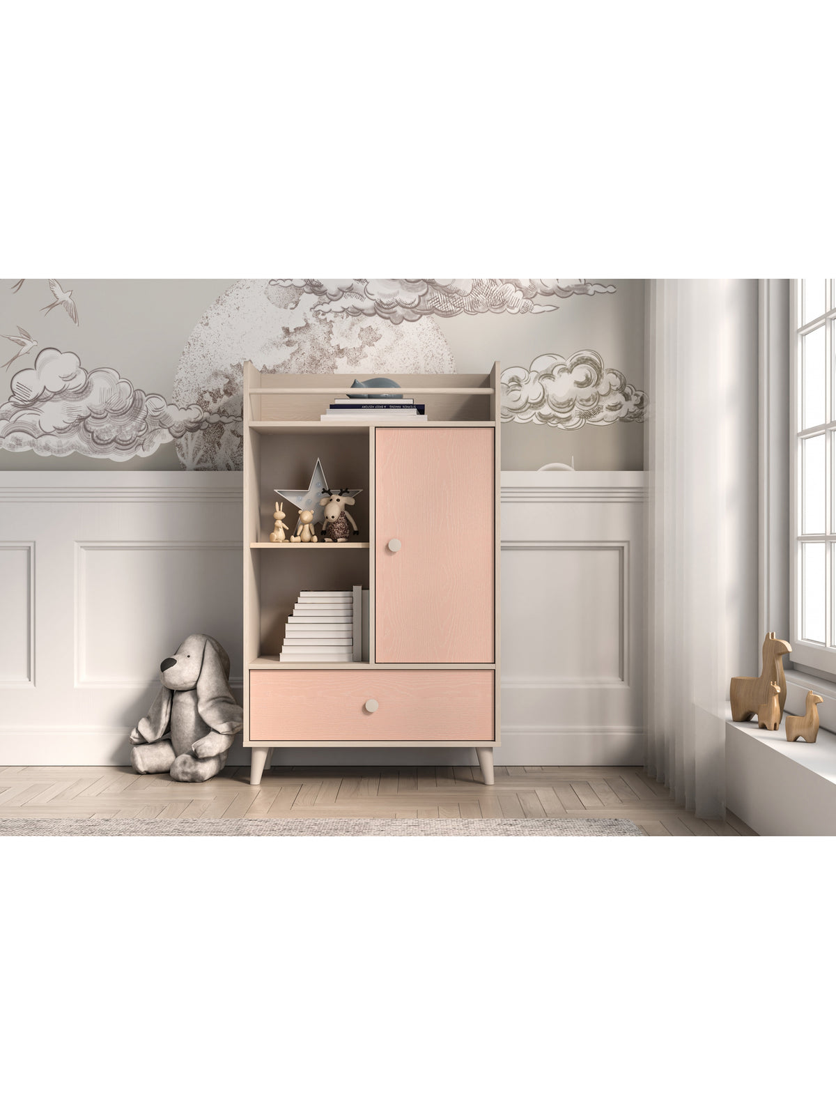 Marla 80 cm gyermekkomód rózsaszín millenial pink előlap sivatagi homok korpusz