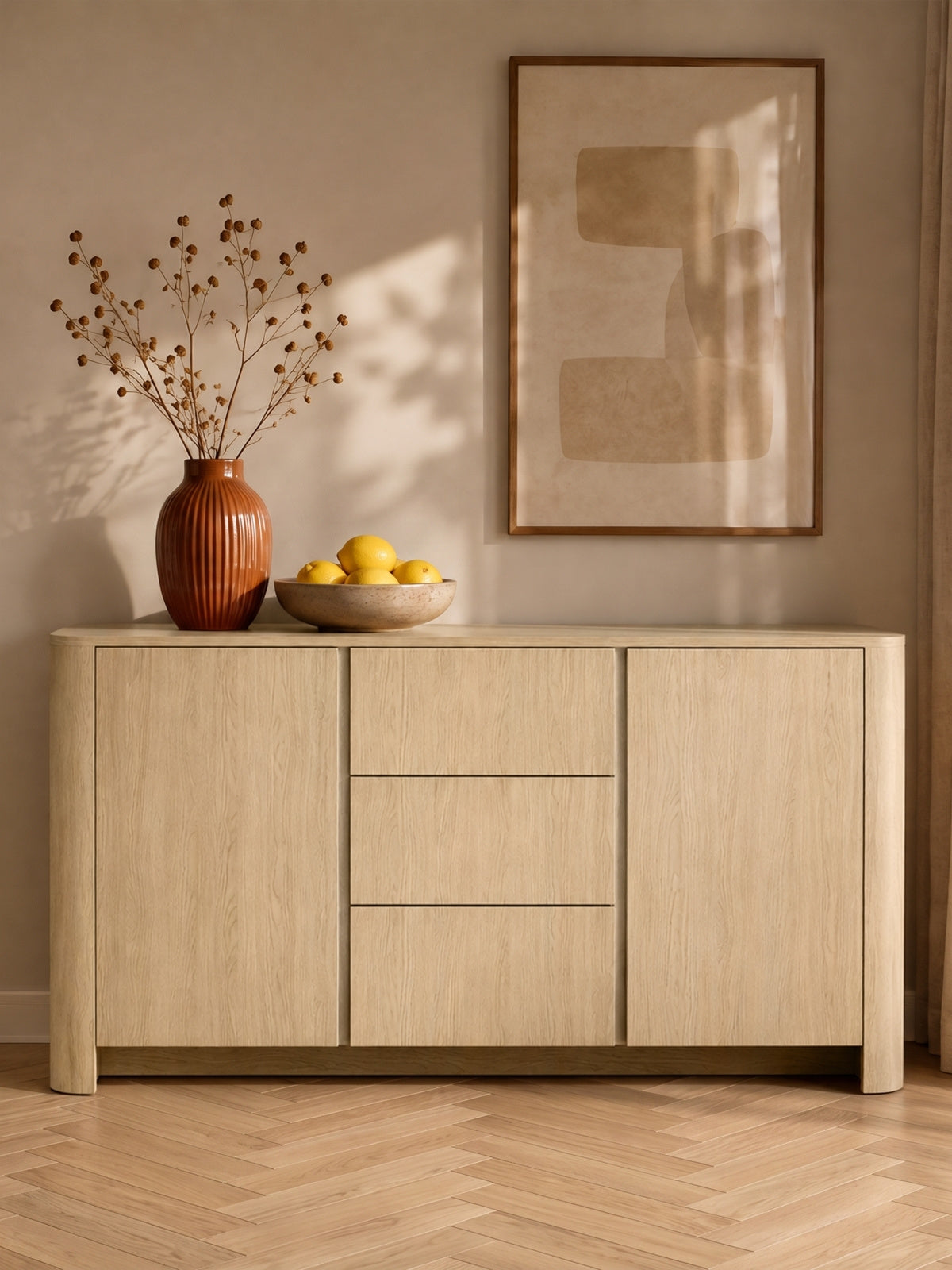 Komoda Sorrenti 168 cm z szufladami w kolorze dąb vicenza, nowoczesny styl Scandi