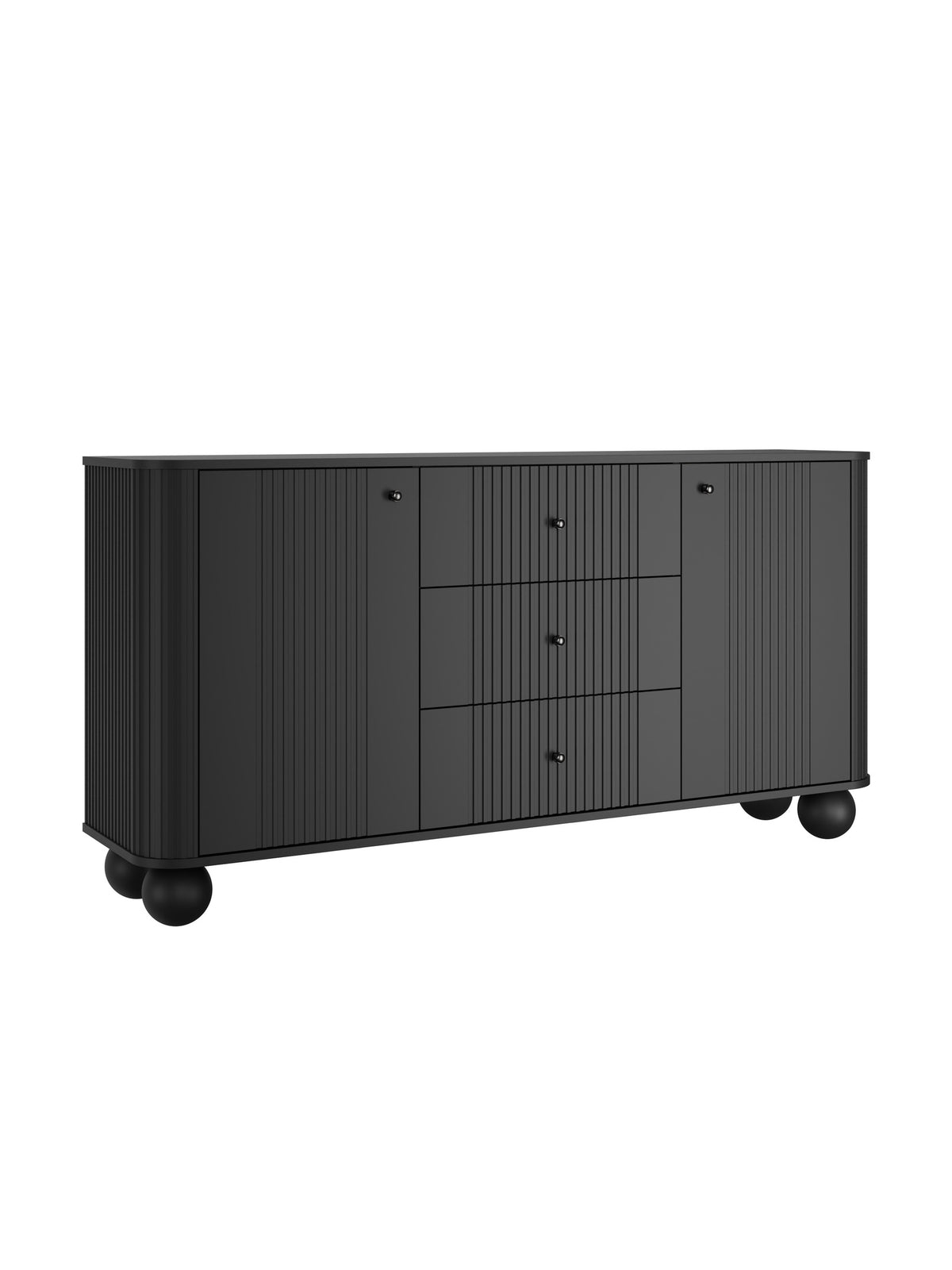 Komoda Vesper 160 cm czarna mat z ryflowanym frontem i trzema szufladami na kulach