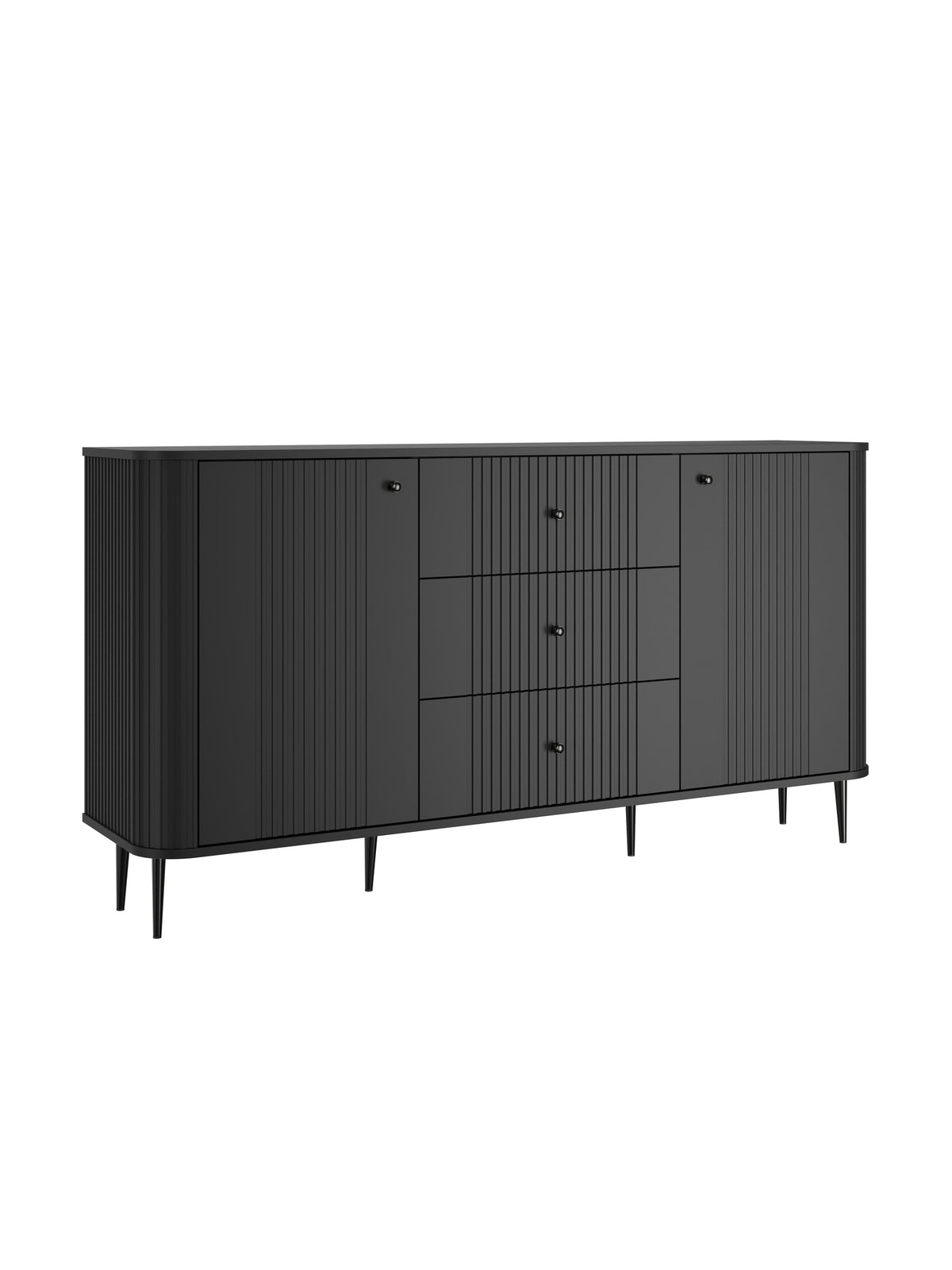 Komoda Vesper 160 cm czarna mat z ryflowanymi frontami i czarnymi nogami metalowymi