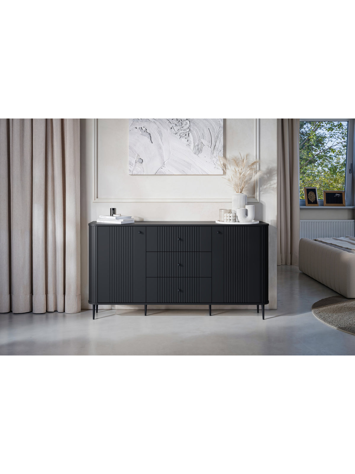 Komoda Vesper 160 cm czarna mat z trzema szufladami i dwoma drzwiami na czarnych nóżkach