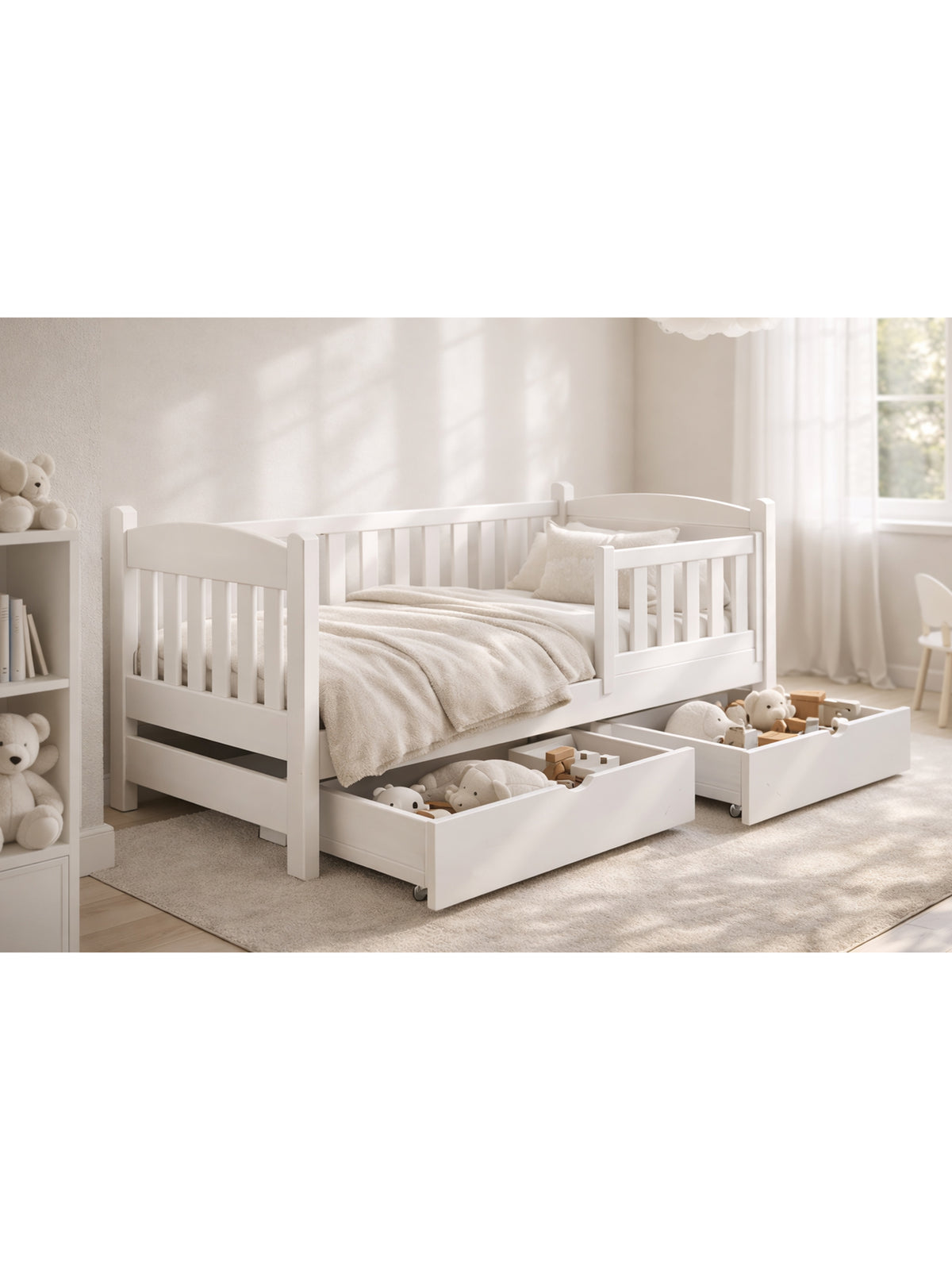 Gyerekágy Alvins 90x200 fehér fa fiókokkal az ágy alatt oldalnézet