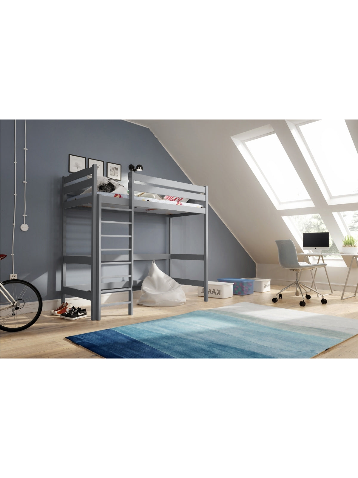 Łóżko dziecięce Samio 90x200 antresola w kolorze szarym wykonane z drewna