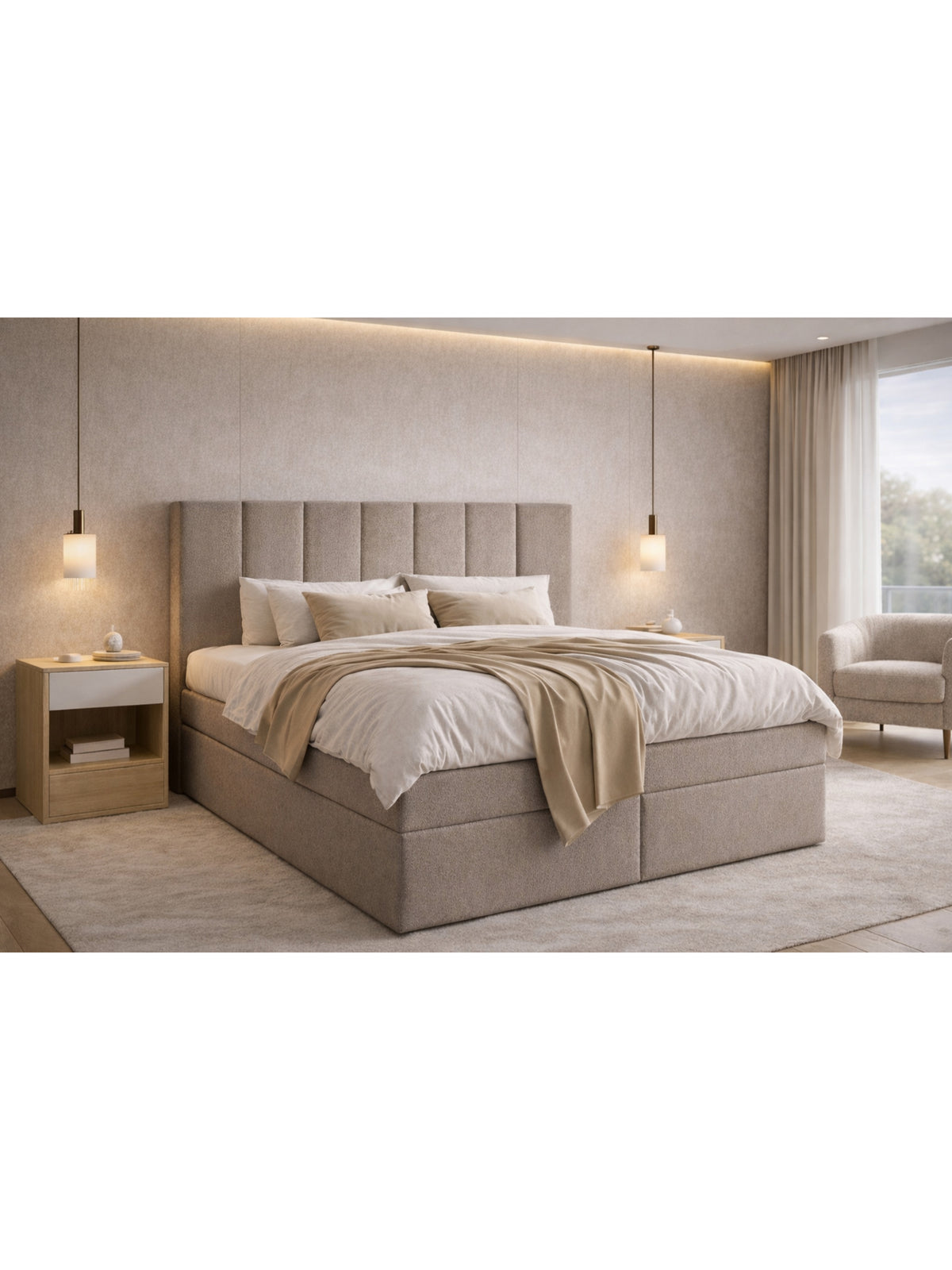 Mareli 180x200 kontinental ágy sötét bézs boucle Quelle 05 anyaggal és tárolóval