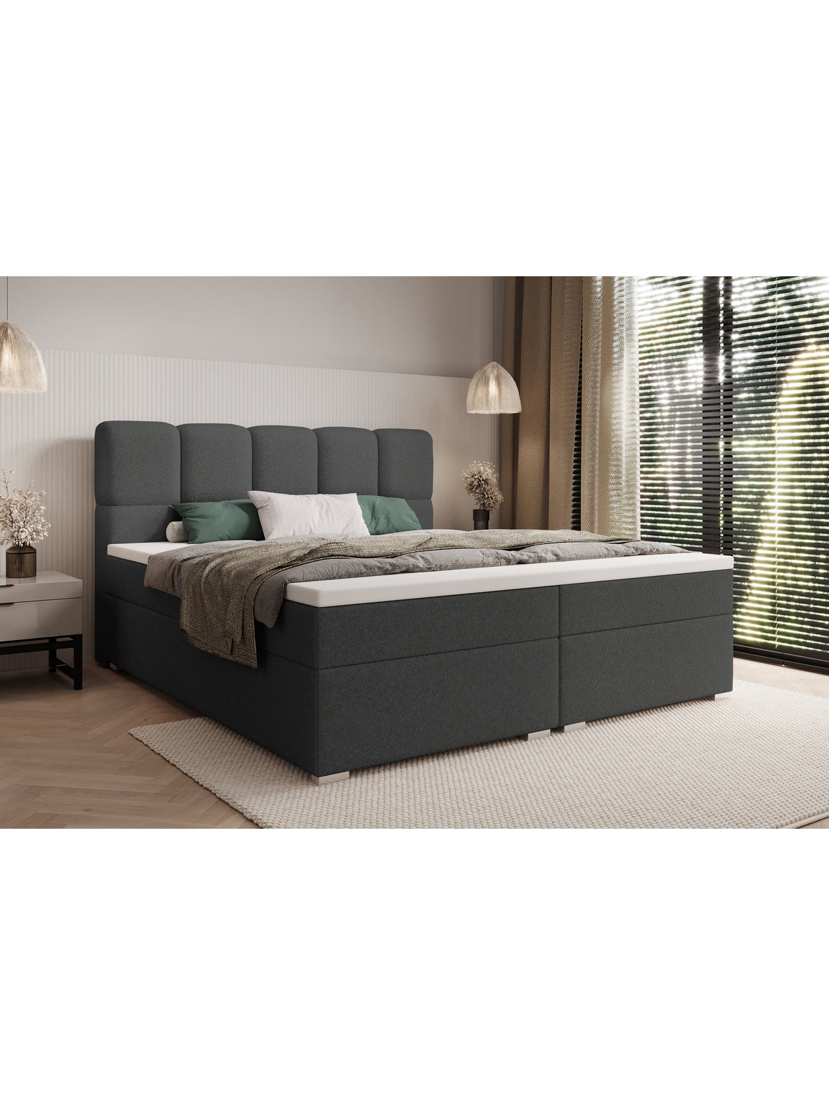 Carello 160x200 kontinental ágy sötétszürke boucle szövettel Quelle 92 tárolódobozokkal, elölnézet