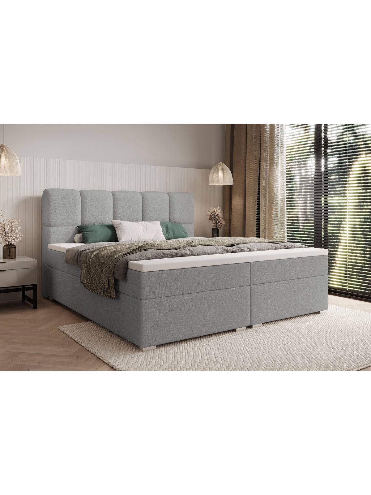 Carello 160x200 kontinentális ágy szürke boucle szövetben, elölről átlátható, steppelt fejvéggel
