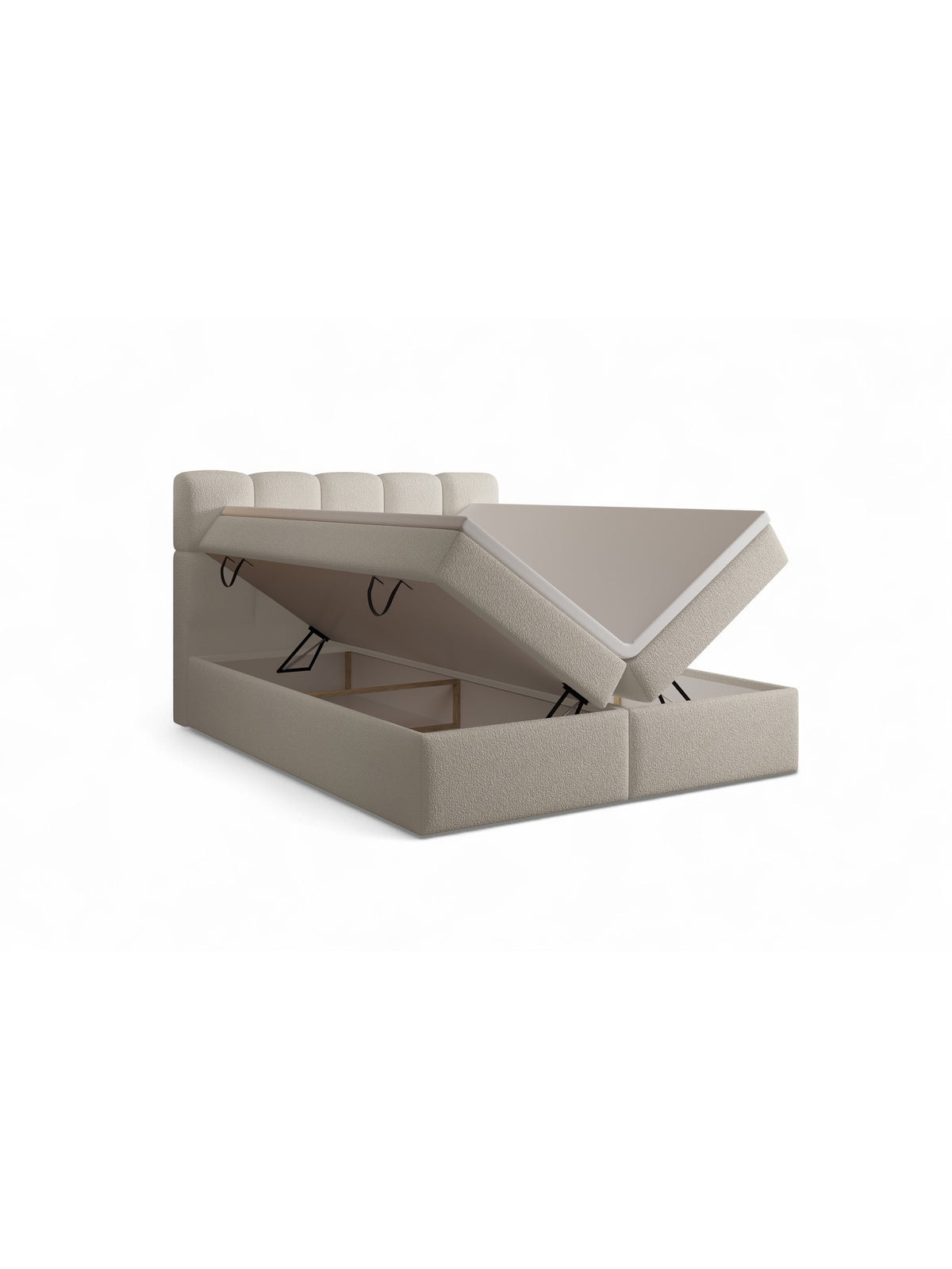 Carello 160x200 kontinens ágy sötét bézs boucle Quelle 05 kárpittal, nyitott tárolóval