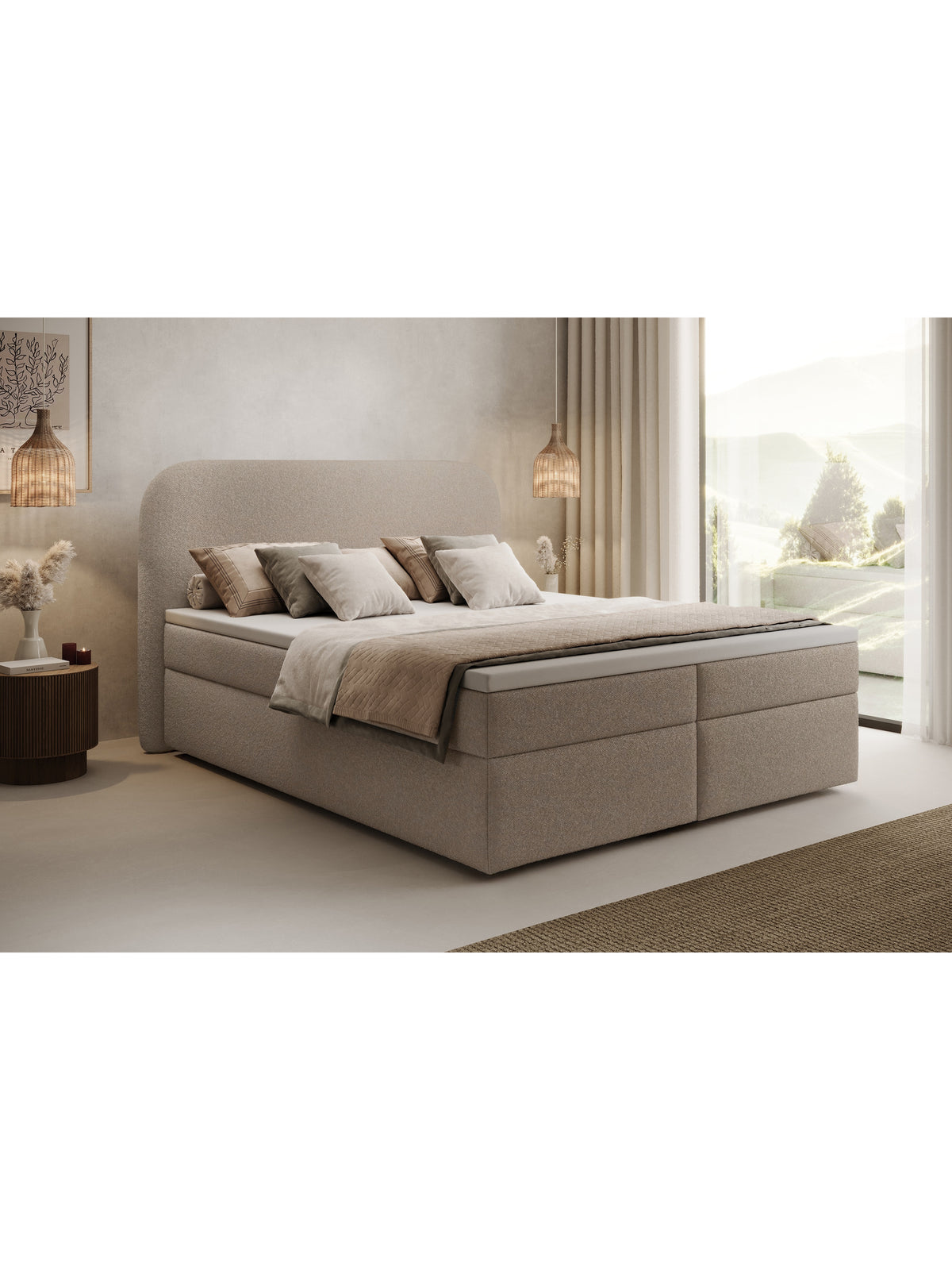 Eleris 180x200 kontinentális ágy sötét bézs boucle Quelle 05 tárolóval elölről