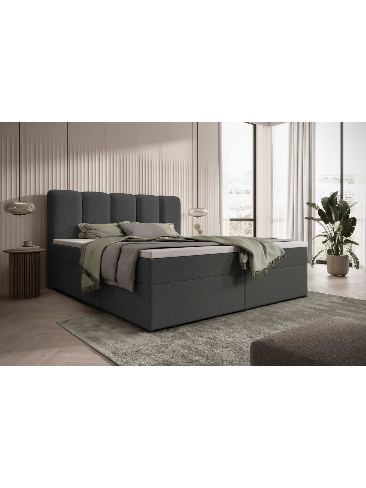 Tenor 180x200 kontinentális ágy sötétszürke boucle anyagból tárolóval