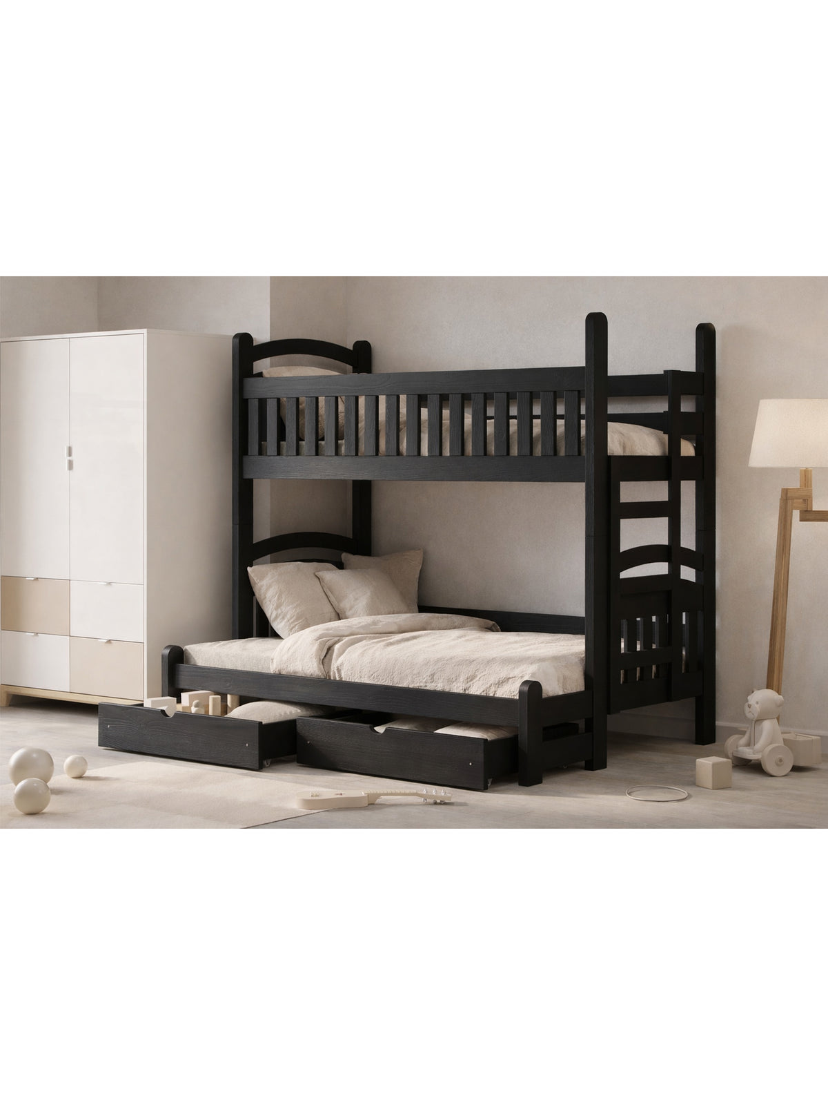 Amely Maxi emeletes ágy 90x200/140x200 jobb oldali fekete fa létrával