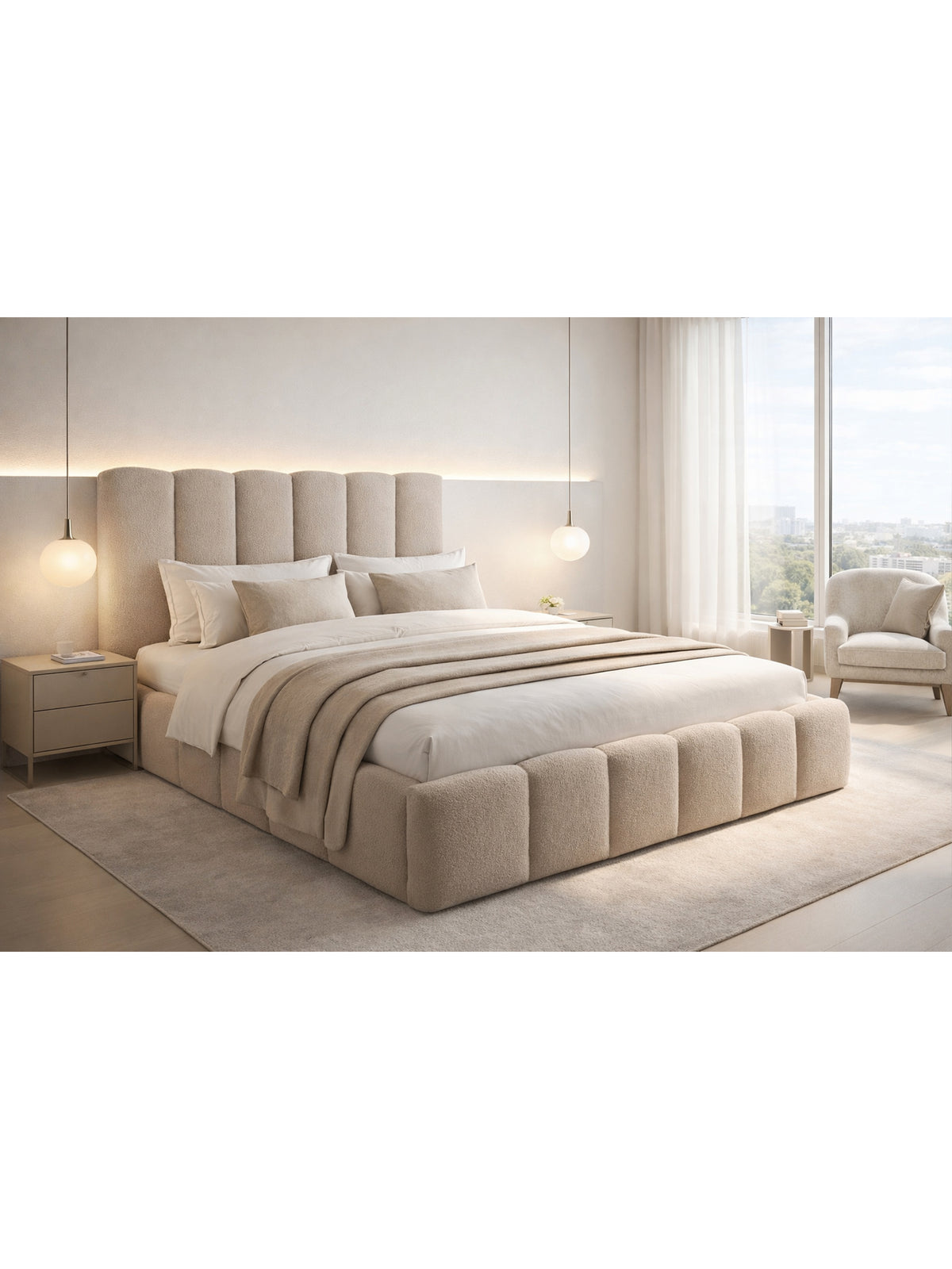 Aura 160x200 világosbézs boucle ágy tárolóval, elölnézeti kép hálószobában