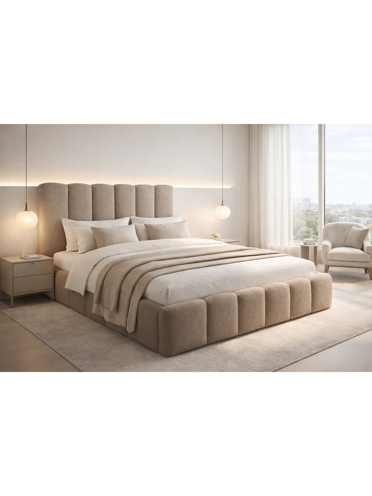 Aura 160x200 sötétbézs boucle Quelle 05 kárpitozott ágy tároló rekesszel, elölről nézve