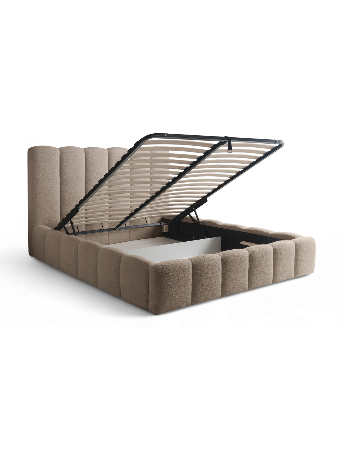 Aura 180x200 kárpitozott ágy sötét bézs boucle anyagból tárolórekesszel, emelhető