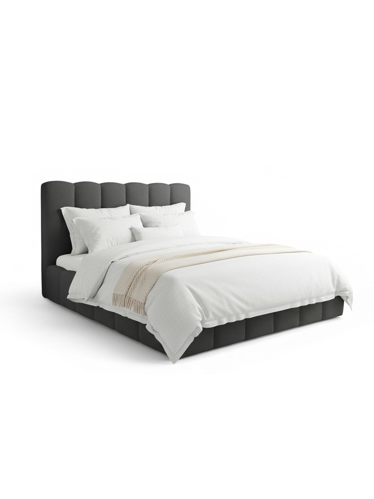 Aura 180x200 kárpitozott ágy tárolóval, sötétszürke boucle Quelle 92 anyagból