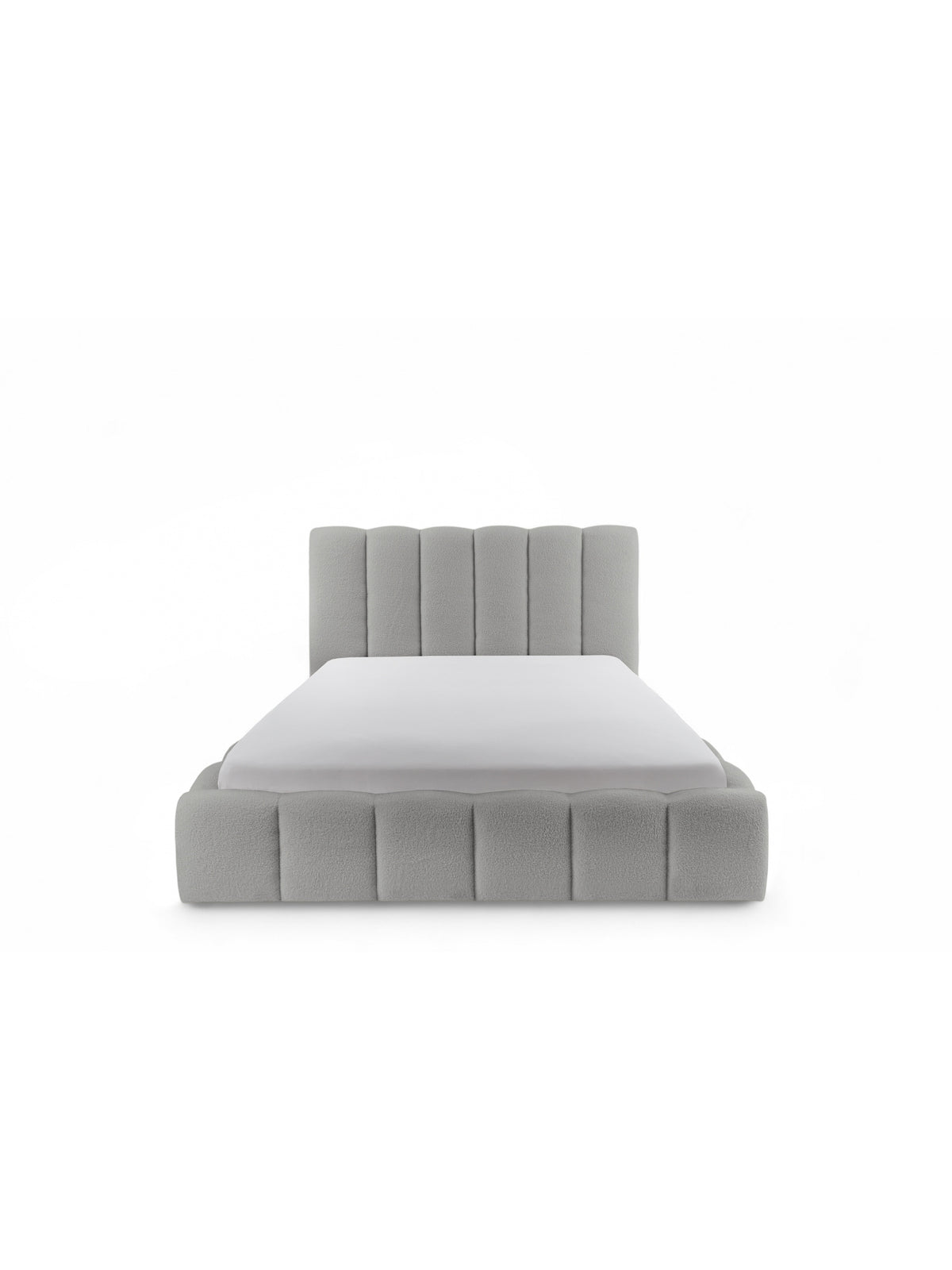 Aura 180x200 kárpitozott ágy szürke boucle kárpittal, tárolóval és párnázott fejtámlával