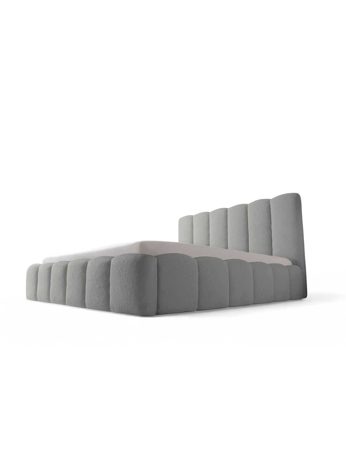 Aura kárpitozott ágy 180x200 szürke boucle anyagból, oldalsó nézet a fejtámlára
