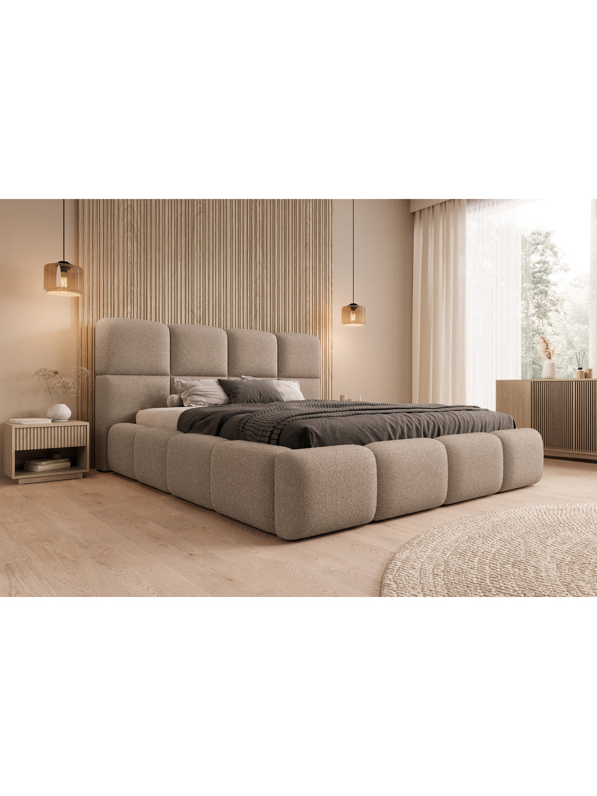 Cloud 160x200 kárpitozott ágy sötét bézs boucle anyagból, magas párnázott fejvéggel