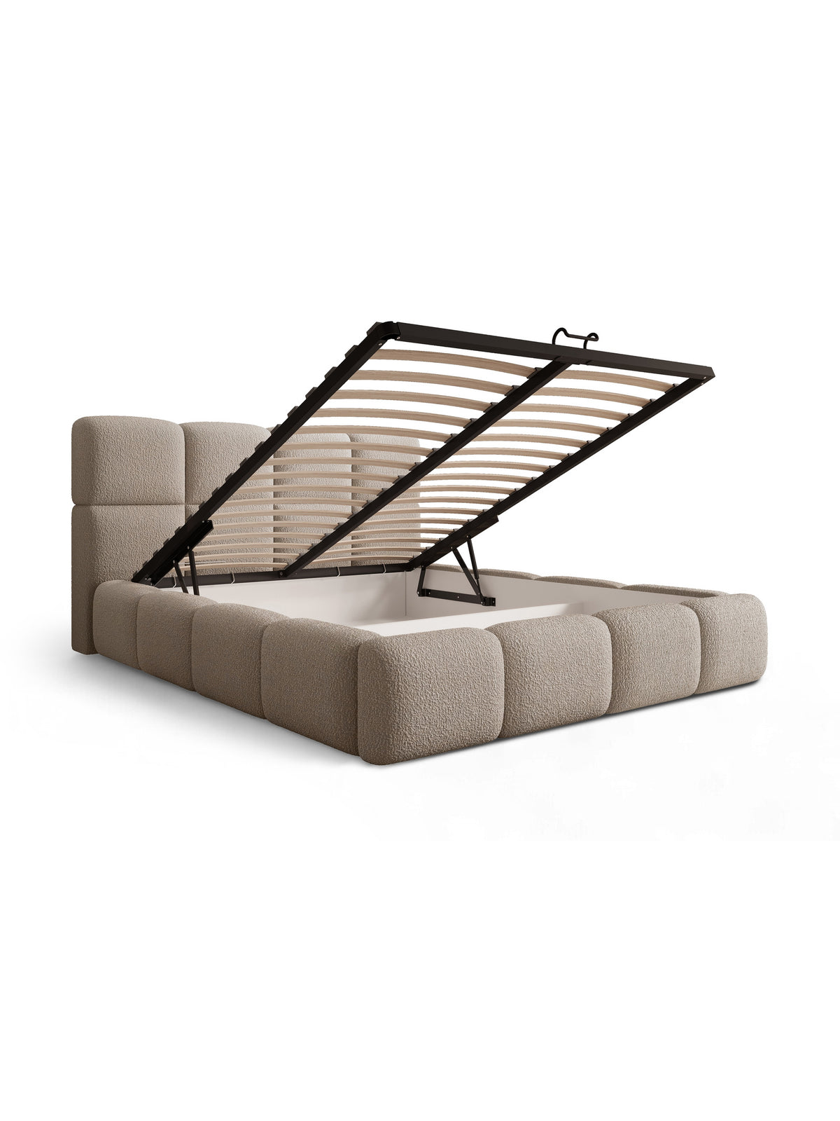 Cloud tapicerált ágy 160x200 sötét bézs boucle anyaggal, tárolóval és nyitott fekvőfelülettel