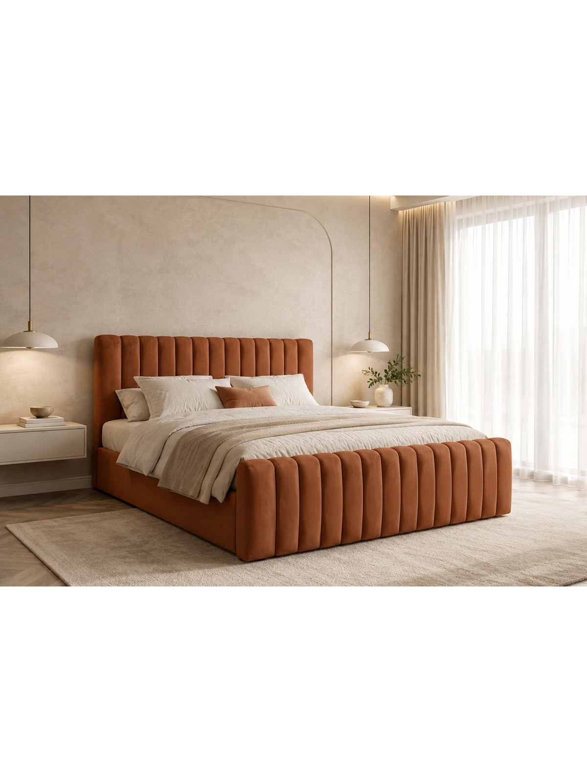 Livani 160x200 tapicerált ágy rézszínű velúr tárolóval elölről