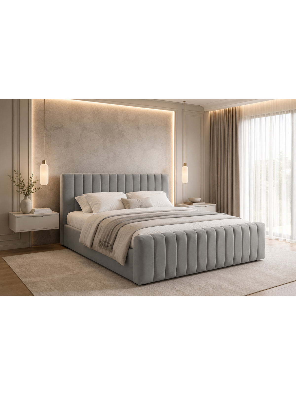 Livani 160x200 méretű szürke Velluto 16 bársony kárpitozott ágy tárolóval, elölnézet