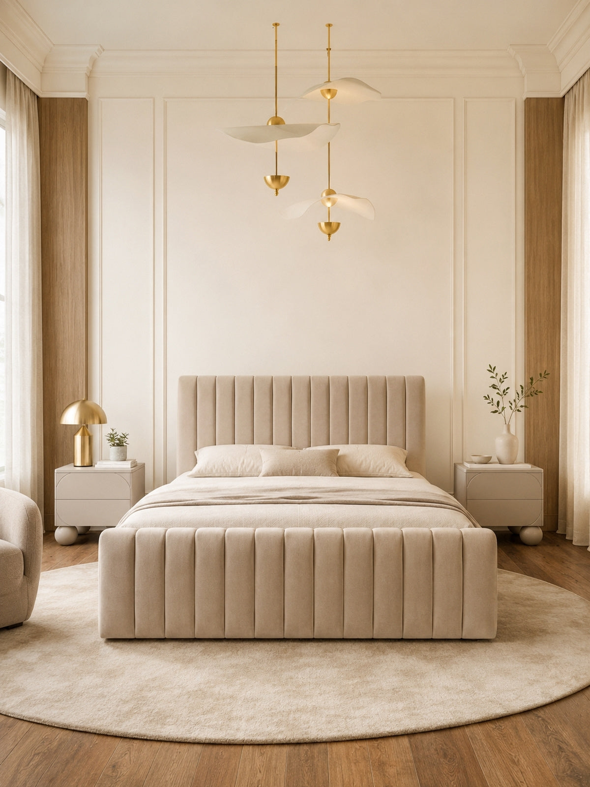 Livani 180x200 kárpitozott ágy bézs Velluto 2 bársonnyal és ágyneműtartóval, elölnézet