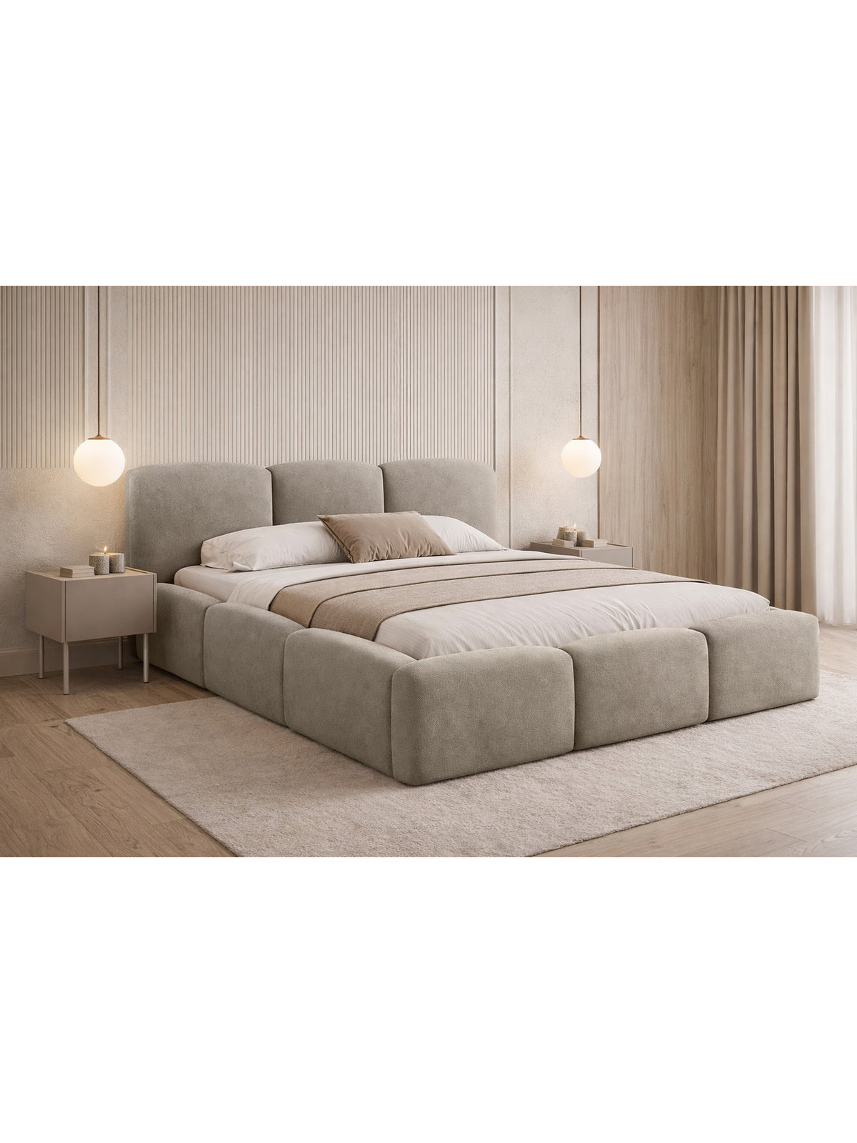 Marios 160x200 kárpitozott ágy tárolóval, bézs Castel 15 bársony, elölnézet