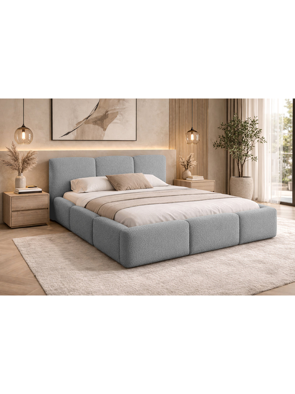 Marios 160x200 kárpitozott ágy szürke boucle anyaggal és tárolóval