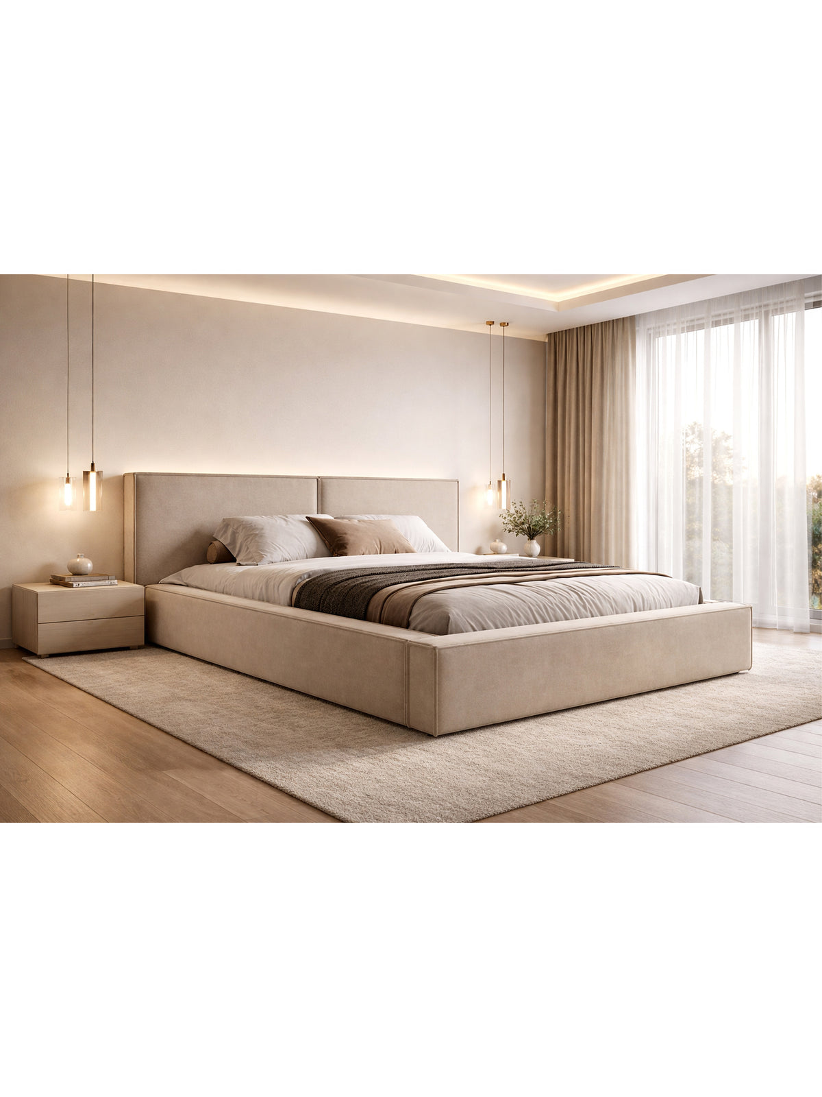 Molino kárpitozott ágy 160x200 bézs Castel 15 bársonnyal, tárolóval, oldalnézet