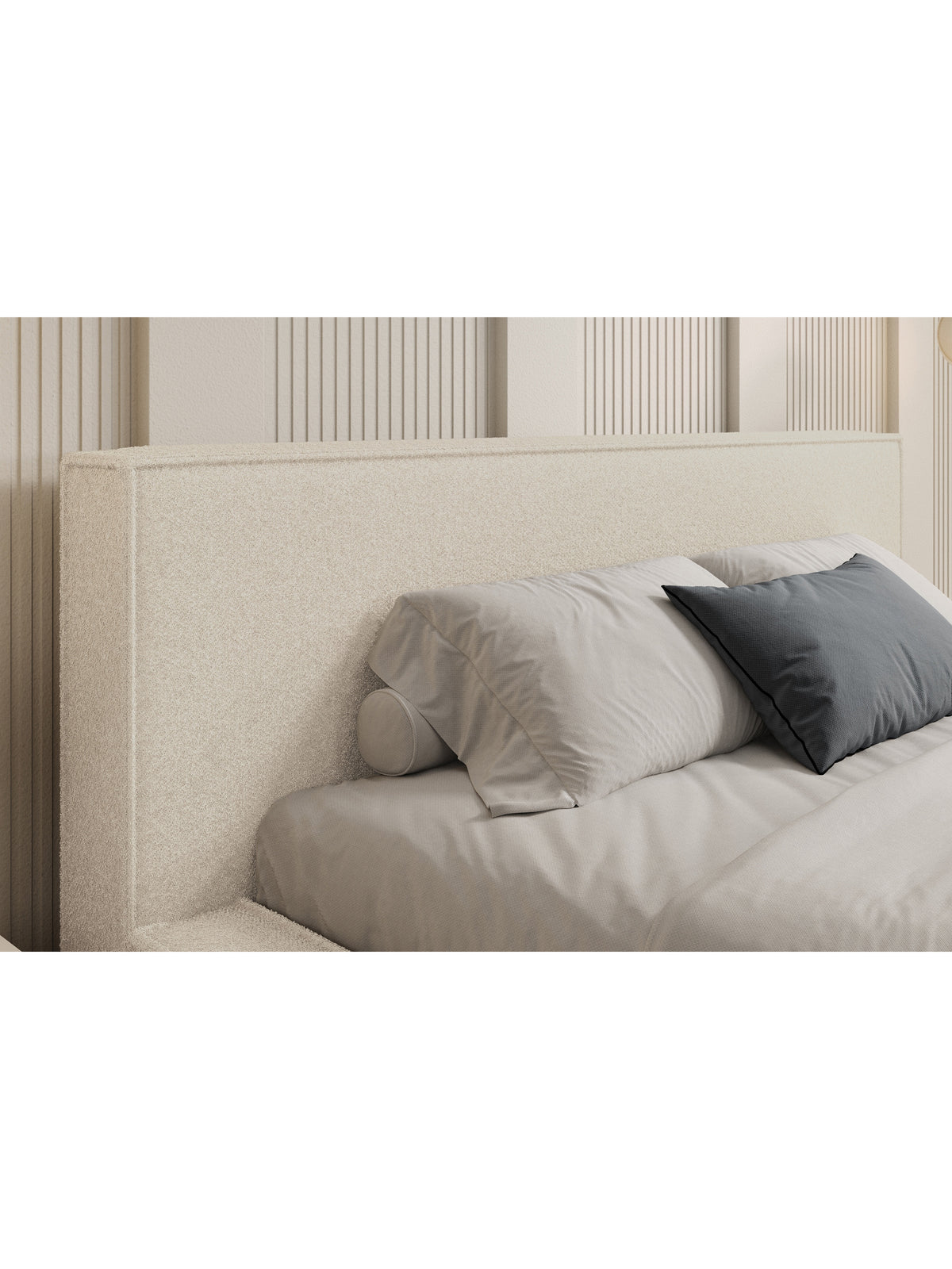 Nirello kárpitozott ágy 160x200 bézs bouclé fejvég részlet